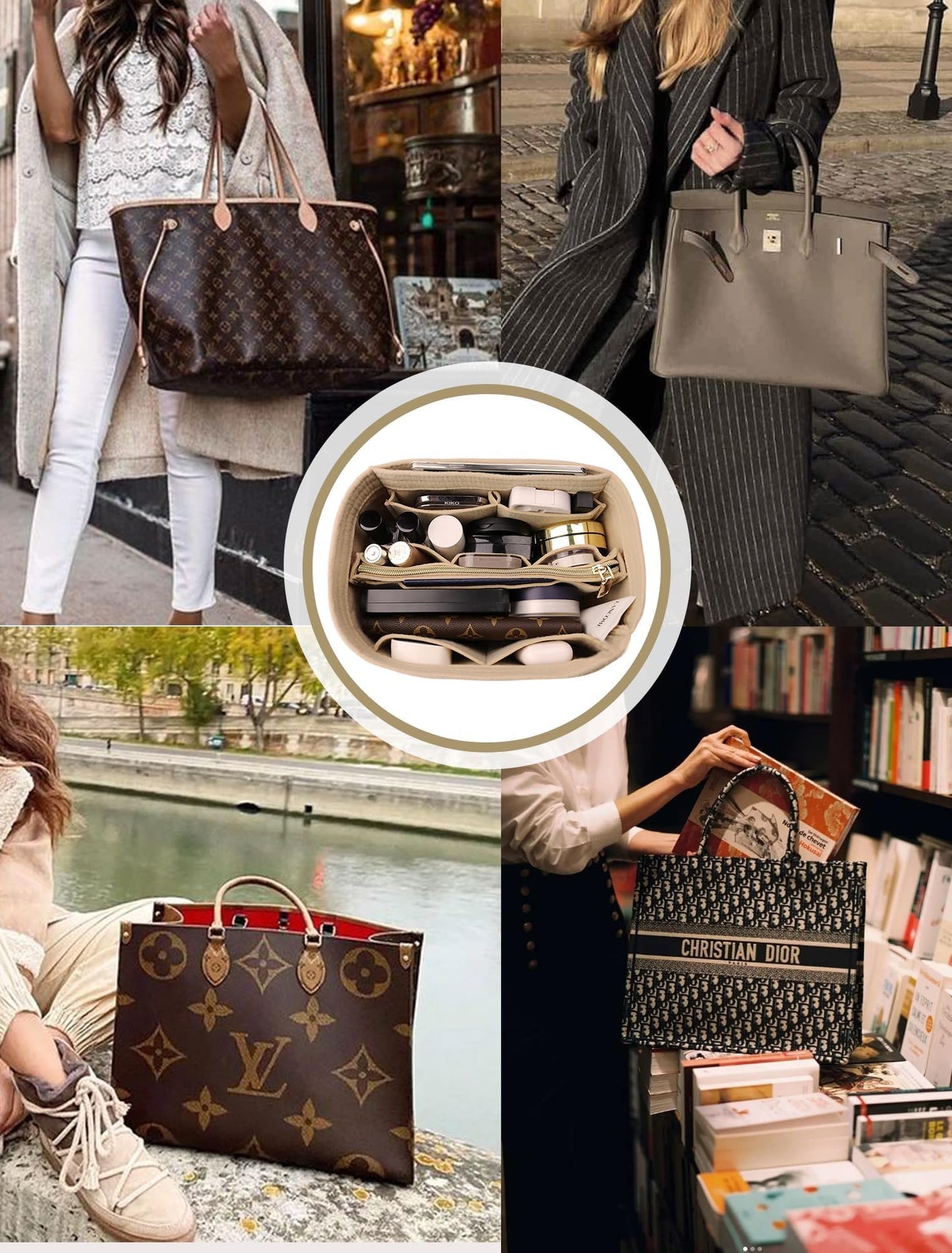 OMYSTYLE Beige Slender Medium Organizer Insert, Felt Tote Bag Organizer Insert with 5 Sizes, Handbag Dividers for Inside Purse, Compatible with Longchamp, Neverful, Speedy and More