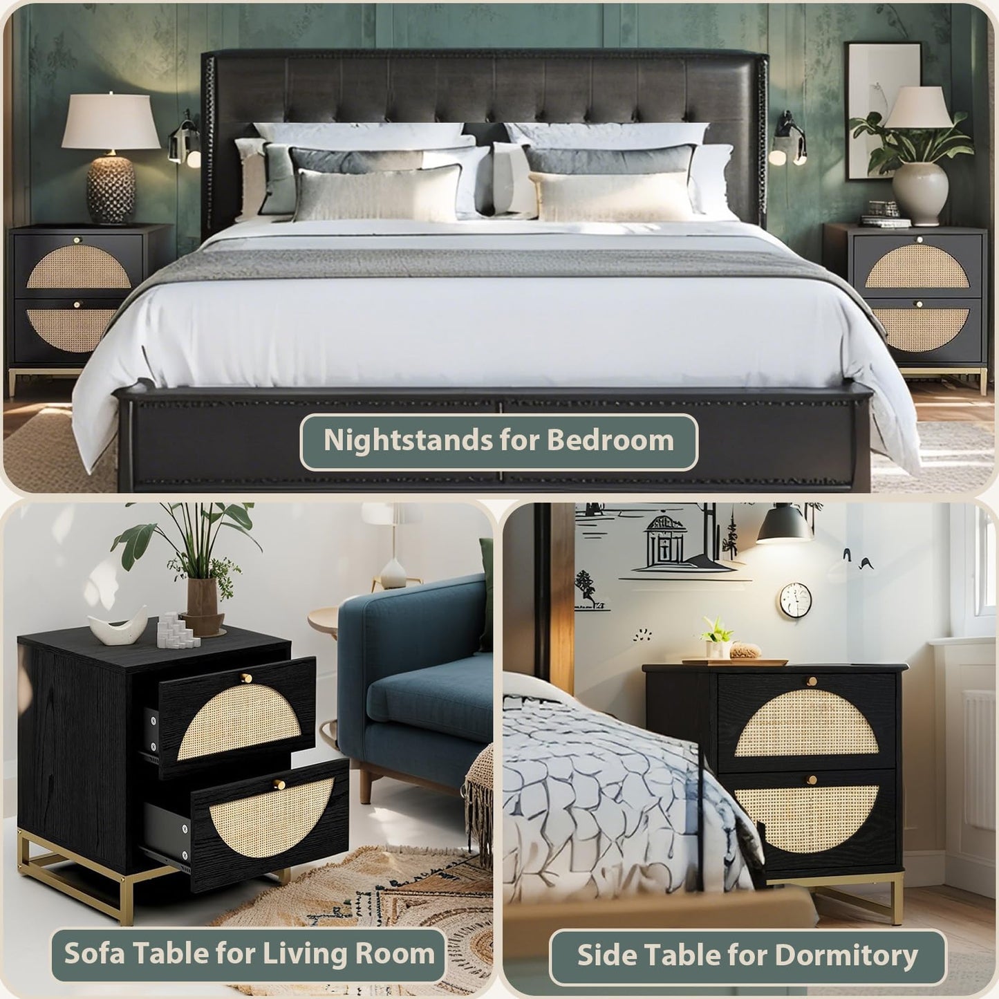 vistavie Rattan Nightstand with 2 Drawers, Wooden End Table Rattan Weaving Bedside Table Accent,Rustic Side Table Night Stand with Storage,for Living Room Bedroom (Black, Set of 1)