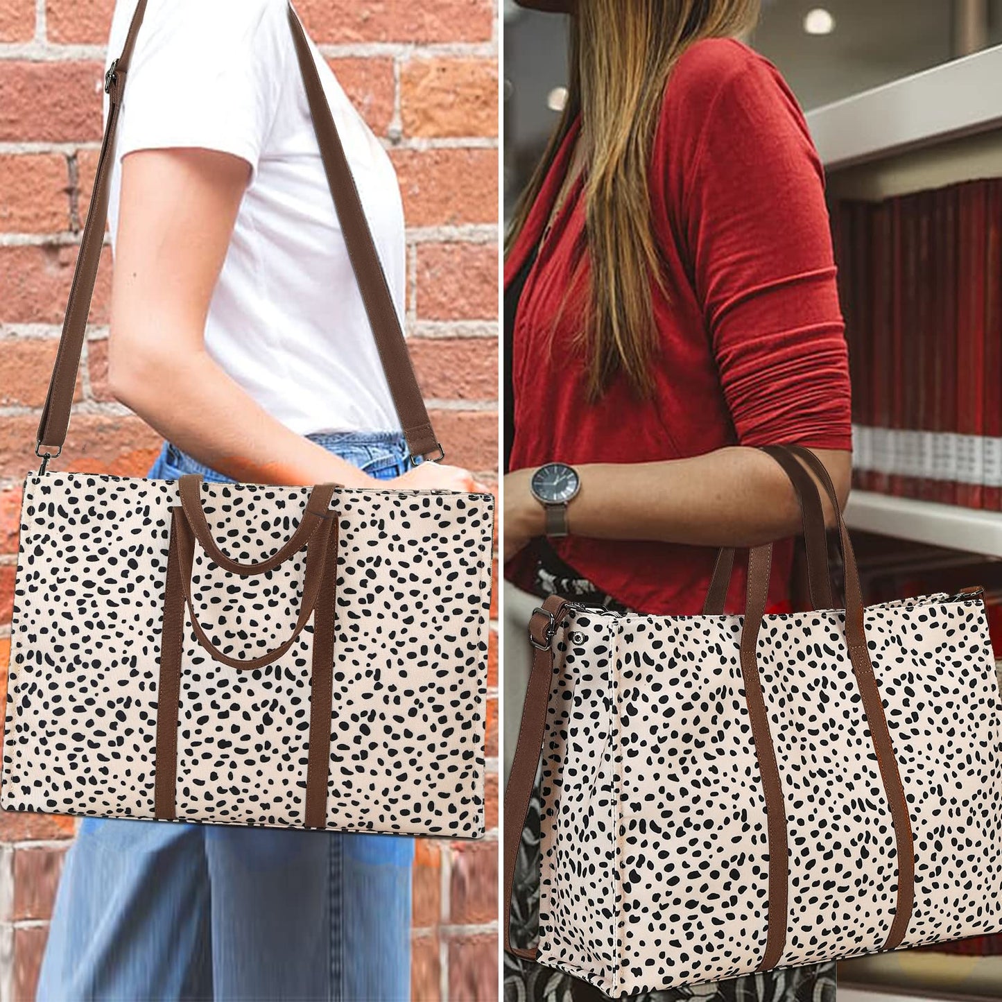 Laptop Tote Bag for Women Work Shoulder Bags 15.6 inch Canvas Laptop Computer Purse Messenger Teacher Handbag Business Office Briefcase (Leopard - Apricot)