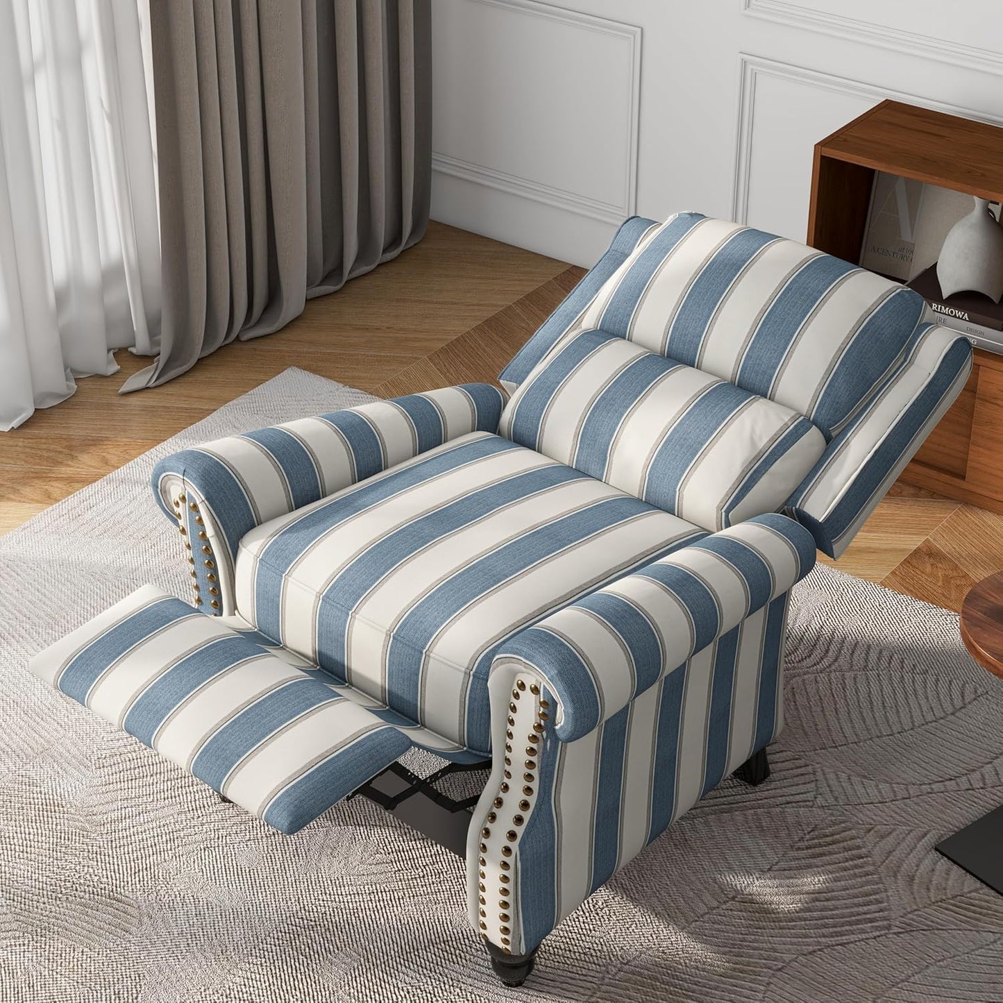 UIXE Pushback Recliner Chairs Set of 2, Fabric Armchair Push Back Accent Chair for Living Room, Rivet Trim Club Chair Overstuffed Home Theater Bedroom Reading Seat - Strip Navy