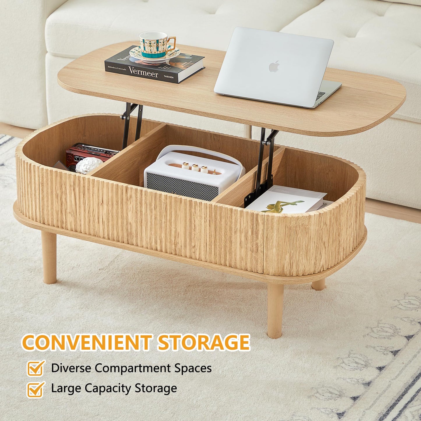 Fluted Lift Top Coffee Table with Hidden Compartment, Fully Assembled Wooden Center Table, Modern Oval Lift Tabletop for Home Living Room Office, Natural