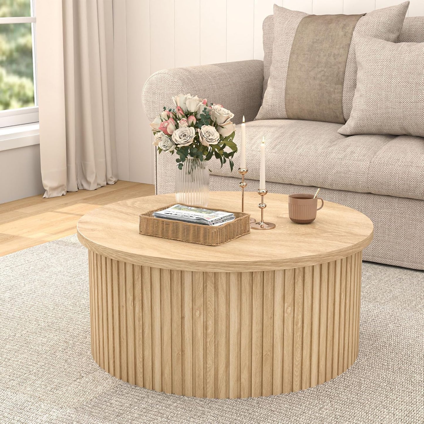 Fsbecl Round Fluted Lift Top Coffee Table with Storage, 34.6'' Farmhouse Round Coffee Tables for Living Room, Circle Wood Accent Center Table for Home, Office, Cafe (Wood Color)