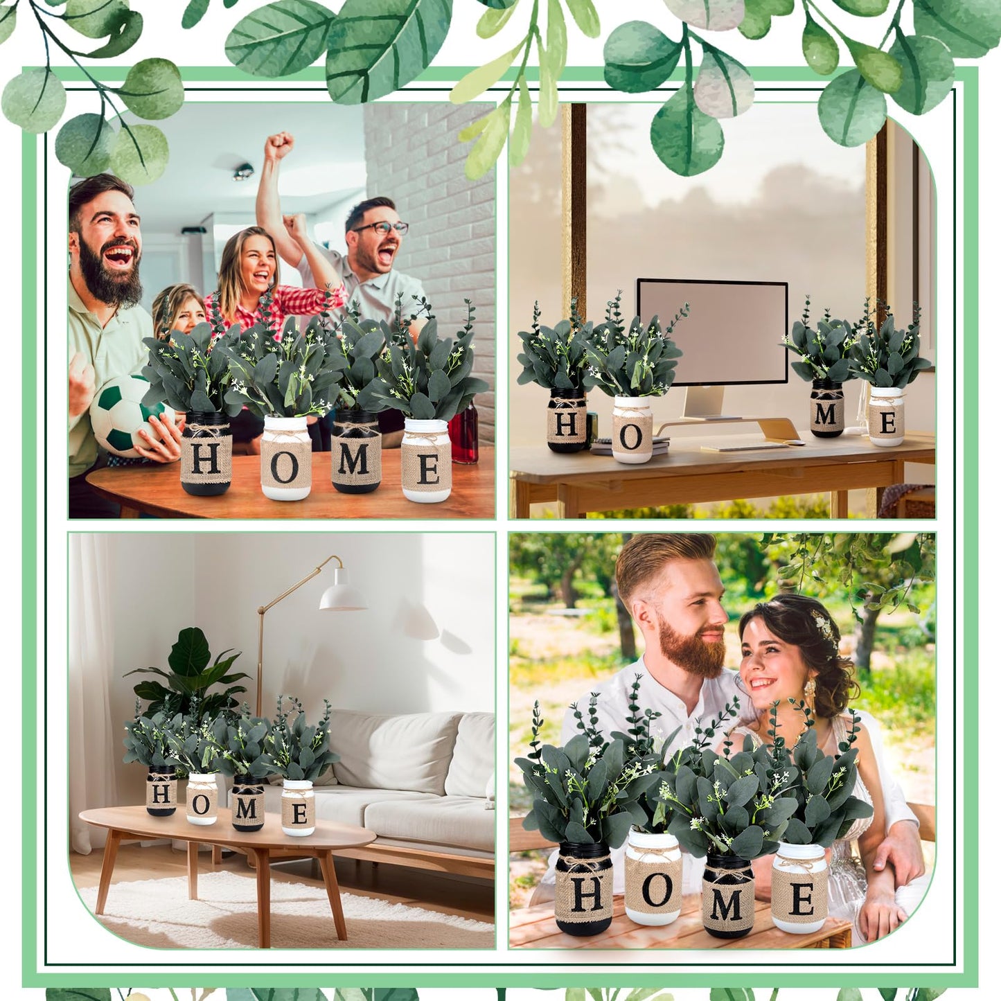 4 Pcs Home Centerpiece for Table Artificial Eucalyptus Mason Jar Centerpieces with Vase and Fake Plants Home Tabletop Tiered Tray Decor for Office Farmhouse Bathroom Dining Kitchen Decor