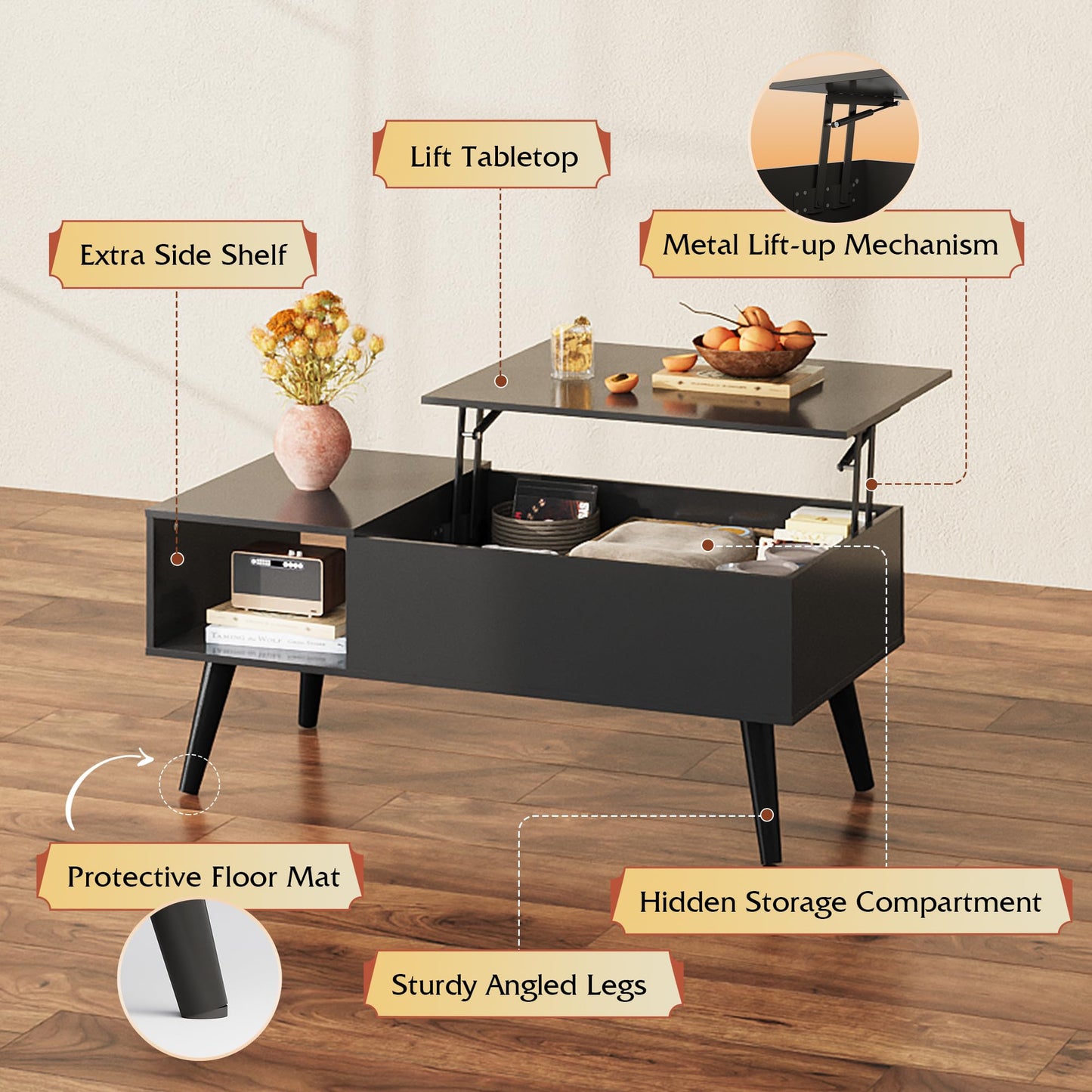 WLIVE Coffee Table for Living Room, Lift Top Coffee Table with Storage, Small Rising Wooden Dining Center Table with Storage Shelf & Hidden Compartment, 39" Black