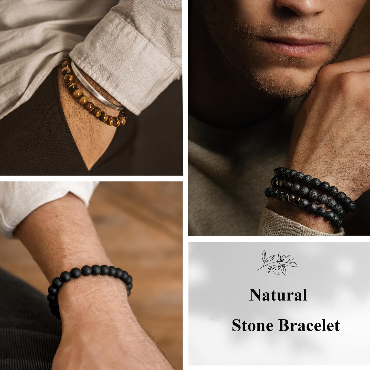 Jewdreamer 10PCS Tiger Eye Bracelet For Men 8MM Natural Stone Beads Bracelet Set Stretch Lava Rock Bracelets Adjustable Black Crystal Beaded Bracelet for Men Women Gifts