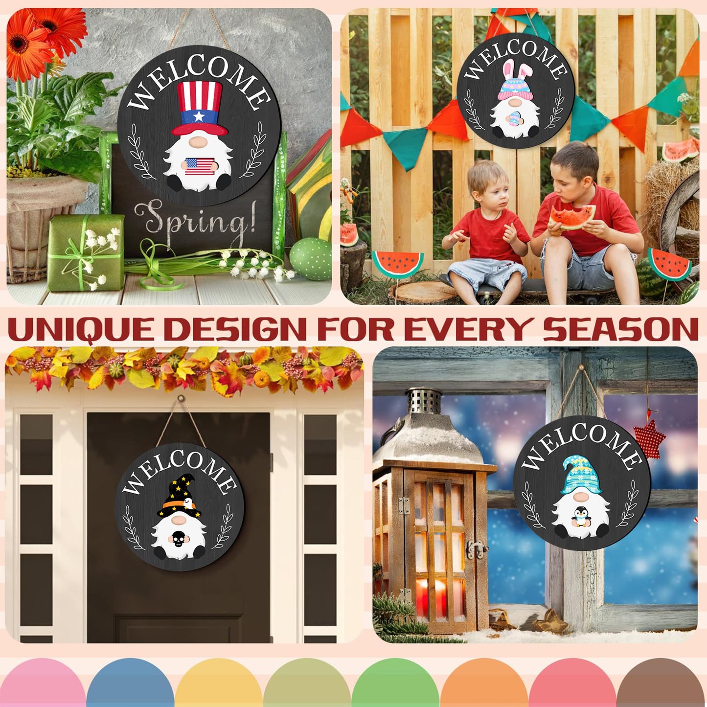 Veluckin Seasonal Gnome Wall Decor Set, 11.8 inch Wooden Round Sign with Interchangeable Holiday Hats, Welcome Door Hanging (Black grey-3)