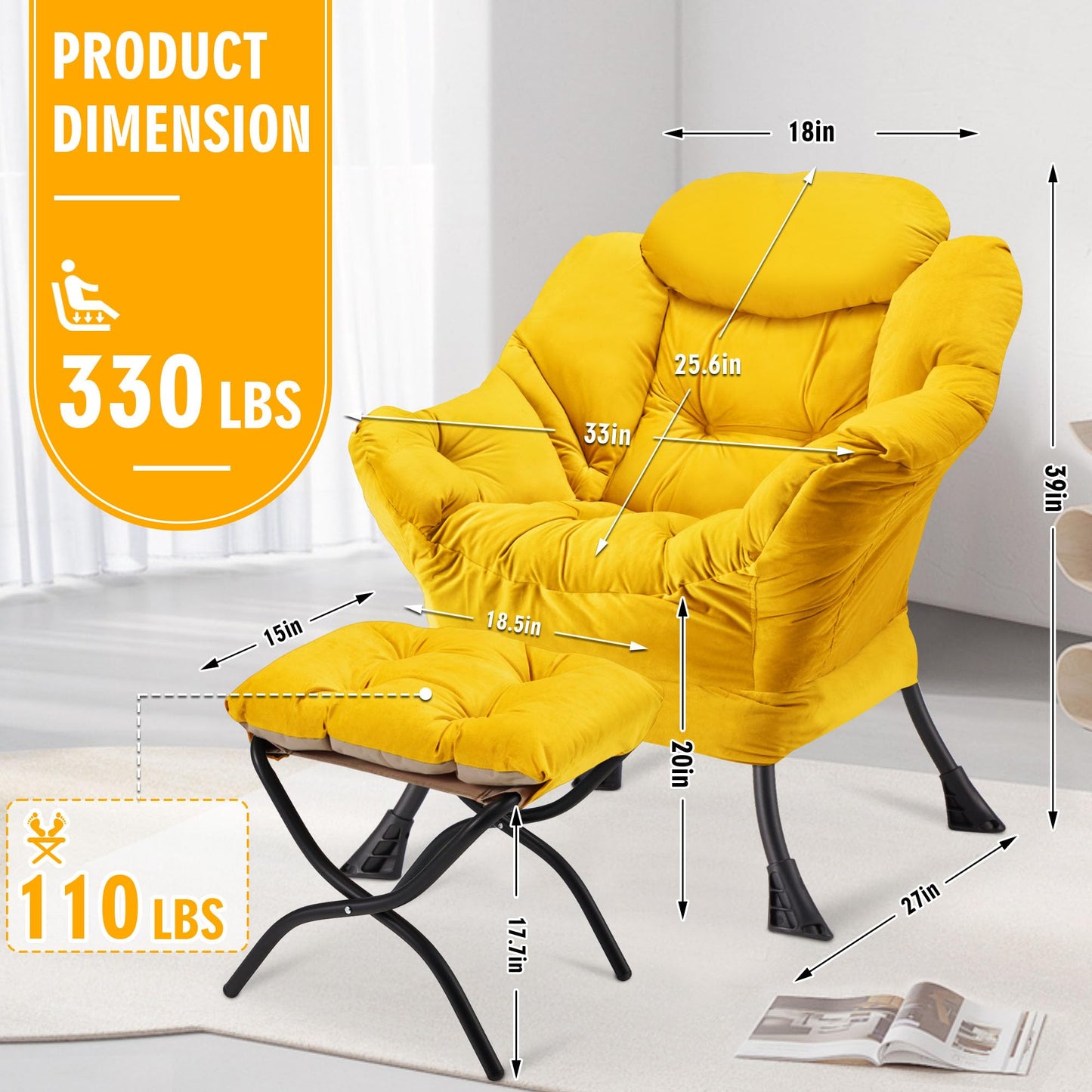Avocahom Accent Lazy Chair with Ottoman,Leisure Sofa Armchair with Footrest,Oversized Reading Chair for Bedroom,Dorm Room,Living Room,Courtyard,Office,Yellow