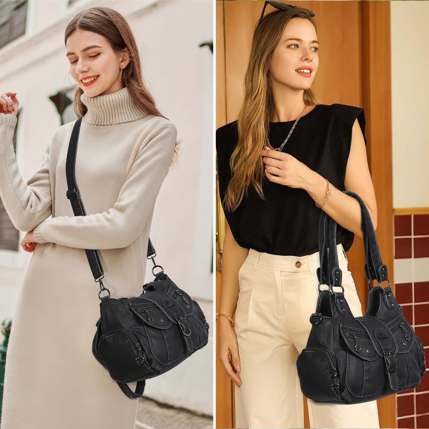 Angel Kiss Hobo Bags for Women Vegan Leather Shoulder Purses and Handbags Ladies Roomy Tote Bags Purse with Crossbody Strap,Black