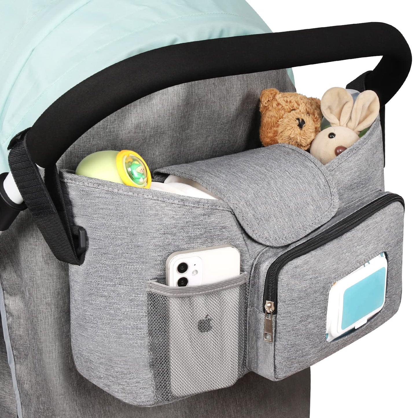 Accmor Universal Stroller Organizer with Insulated Cup Holder, Stroller Caddy Bag Accessories, Stroller Cup Holder Organizer for Uppababy Baby Jogger Britax Stroller, Grey
