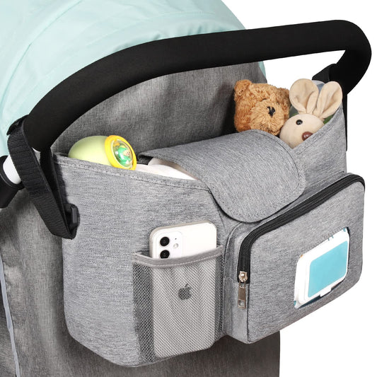 Accmor Universal Stroller Organizer with Insulated Cup Holder, Stroller Caddy Bag Accessories, Stroller Cup Holder Organizer for Uppababy Baby Jogger Britax Stroller, Grey