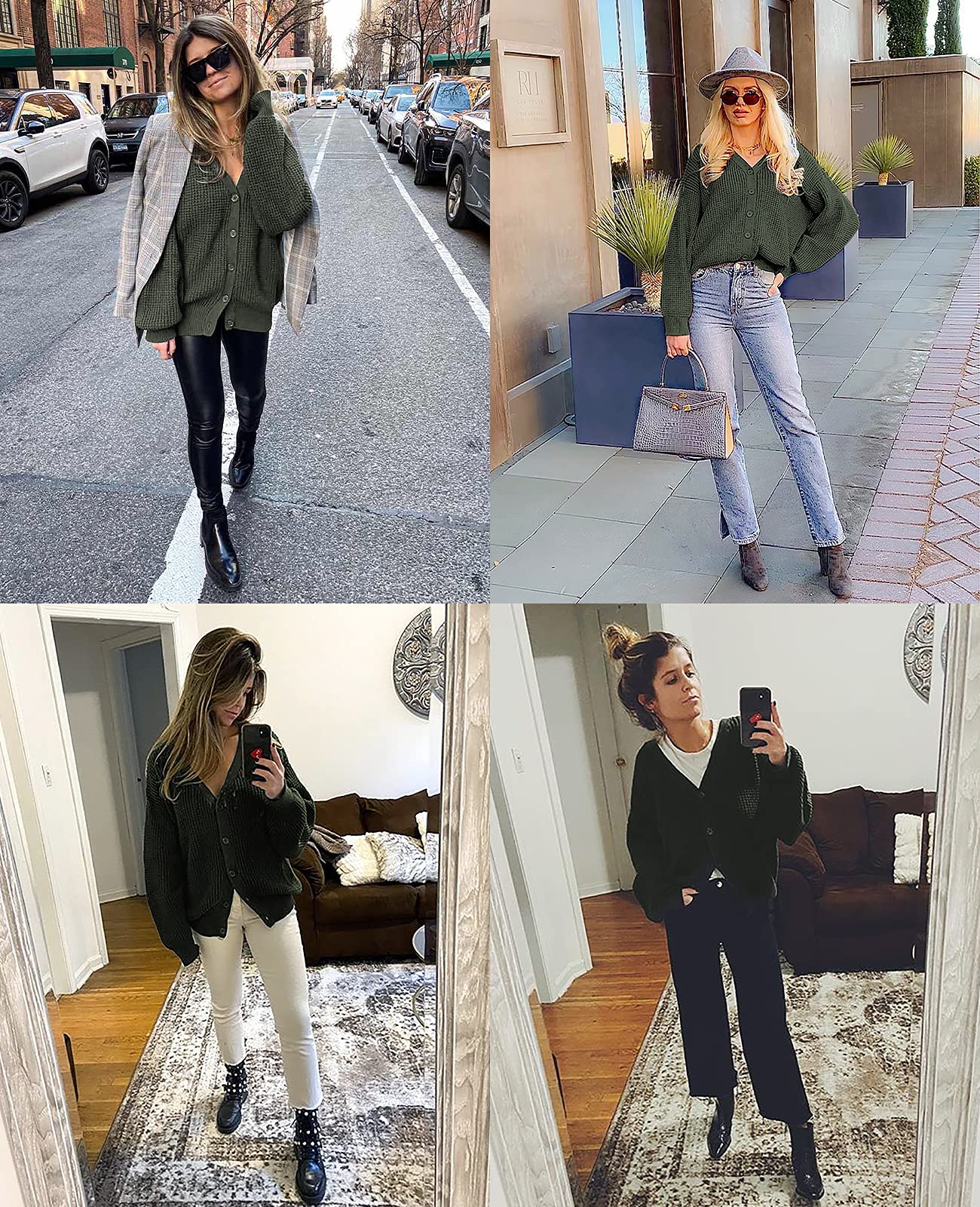 QUALFORT Cardigan Sweaters for Women 100% Cotton Button-Down Long Sleeve Oversized Knit Coatigan Jackets Green Large