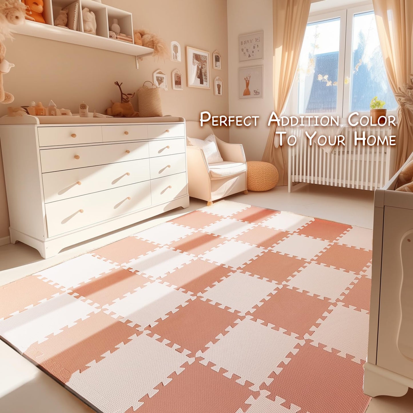 TCBunny Kids Soft EVA Foam Jigsaw Puzzle Play Mat, 18 Interlocking Tiles and Edges Baby Play Mat, for Kids Gym, Nursery, Playroom, Pet Mat, Total Floor Coverage 16 Sq Ft, Pink/Peach