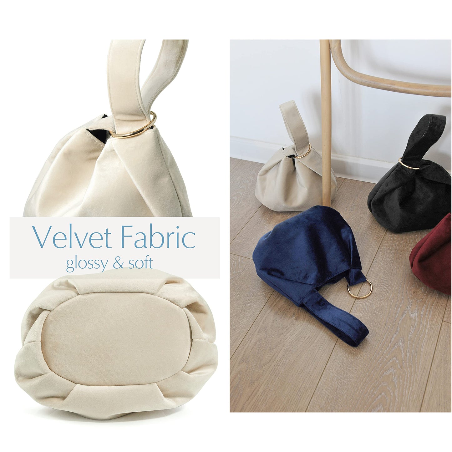 Women Clutch Velvet Top Handle Bag Wristlet Small Tote Purse (Beige)