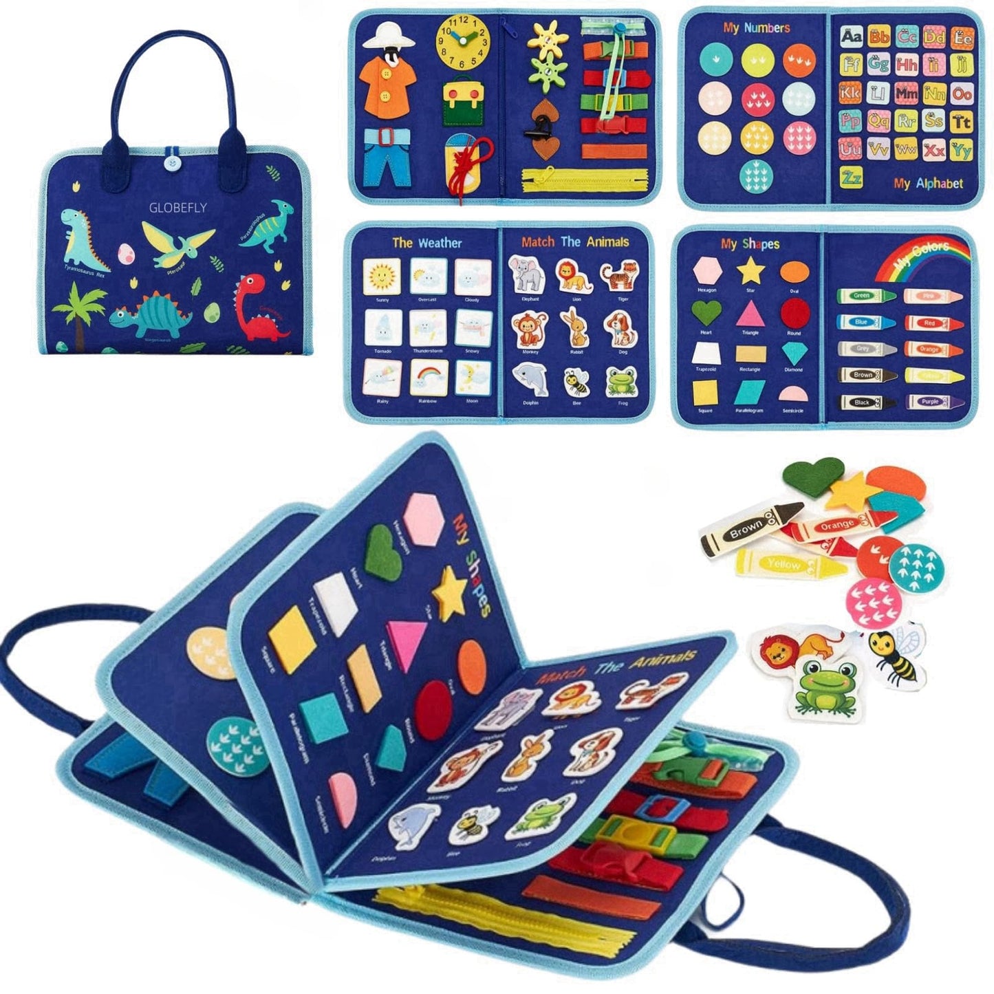 GLOBEFLY Toddler Busy Board Montessori Toys, Busy Book for Toddlers 1-3, Sensory Board Educational Activities for Learning Fine Motor Skills, Airplane Car Travel Toys Gifts for Girls Boys, Blue-5page