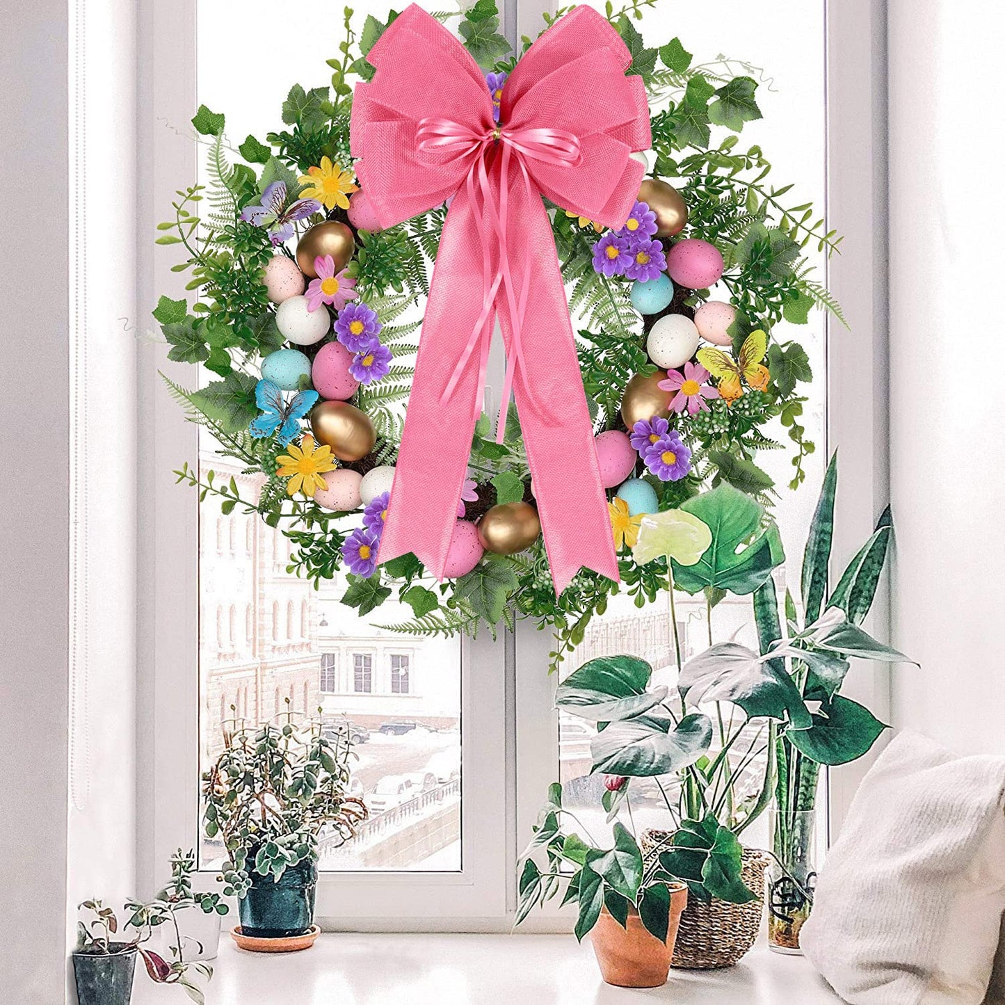 2 Pcs Large Pink Christmas Wreath Bows Decor,Xmas Tree Topper Bow Decorations with Pink Burlap and Glitter String for Christmas Holiday Home Front Door Outdoor