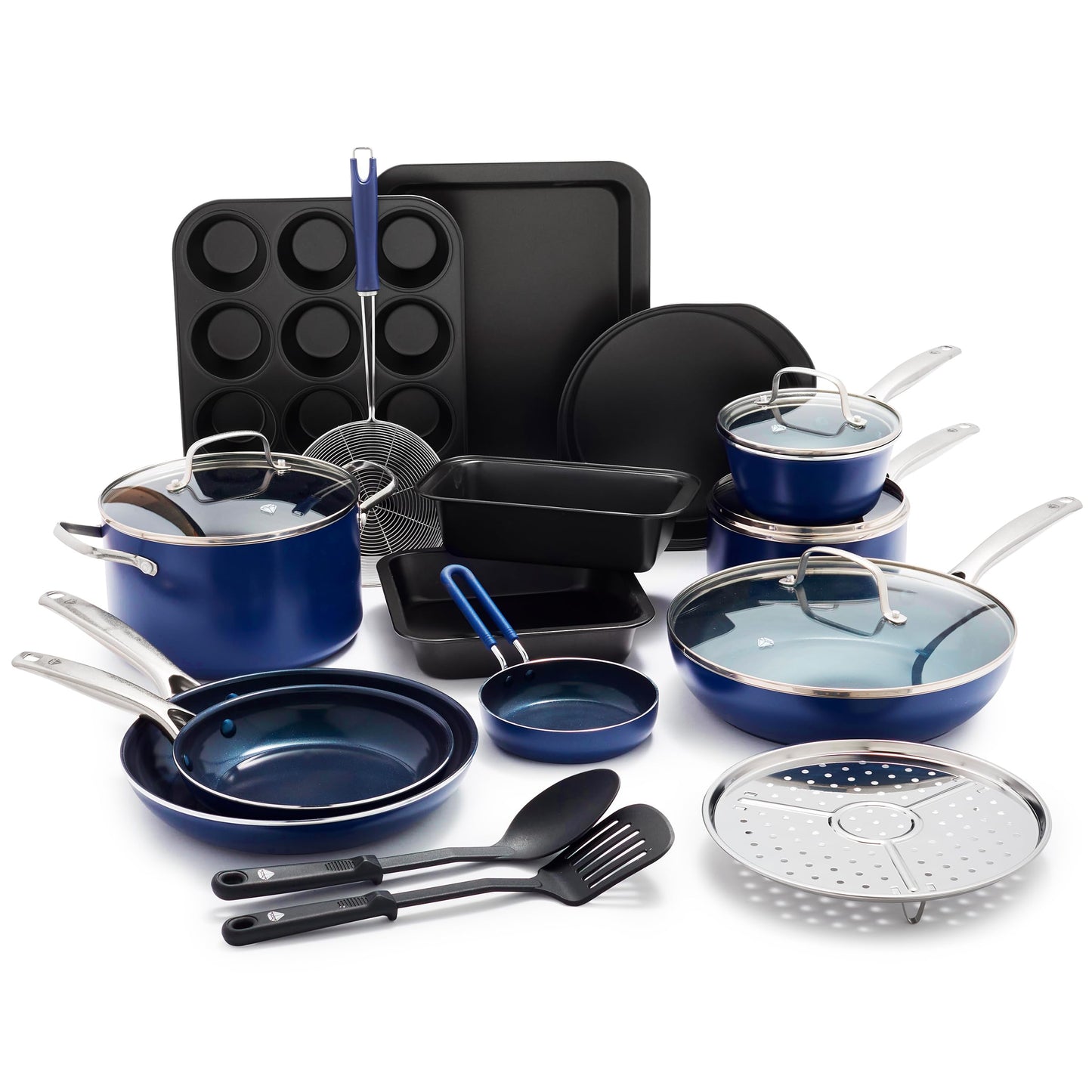 Blue Diamond 20 Piece Nonstick Cookware Set, Diamond Ceramic Pots & Pans, Dishwasher & Metal Utensil Safe, Non Toxic PFAS-Free, Kitchen Cooking Sauce & Saute Pans, Oven & Broiler to 600F, Blue