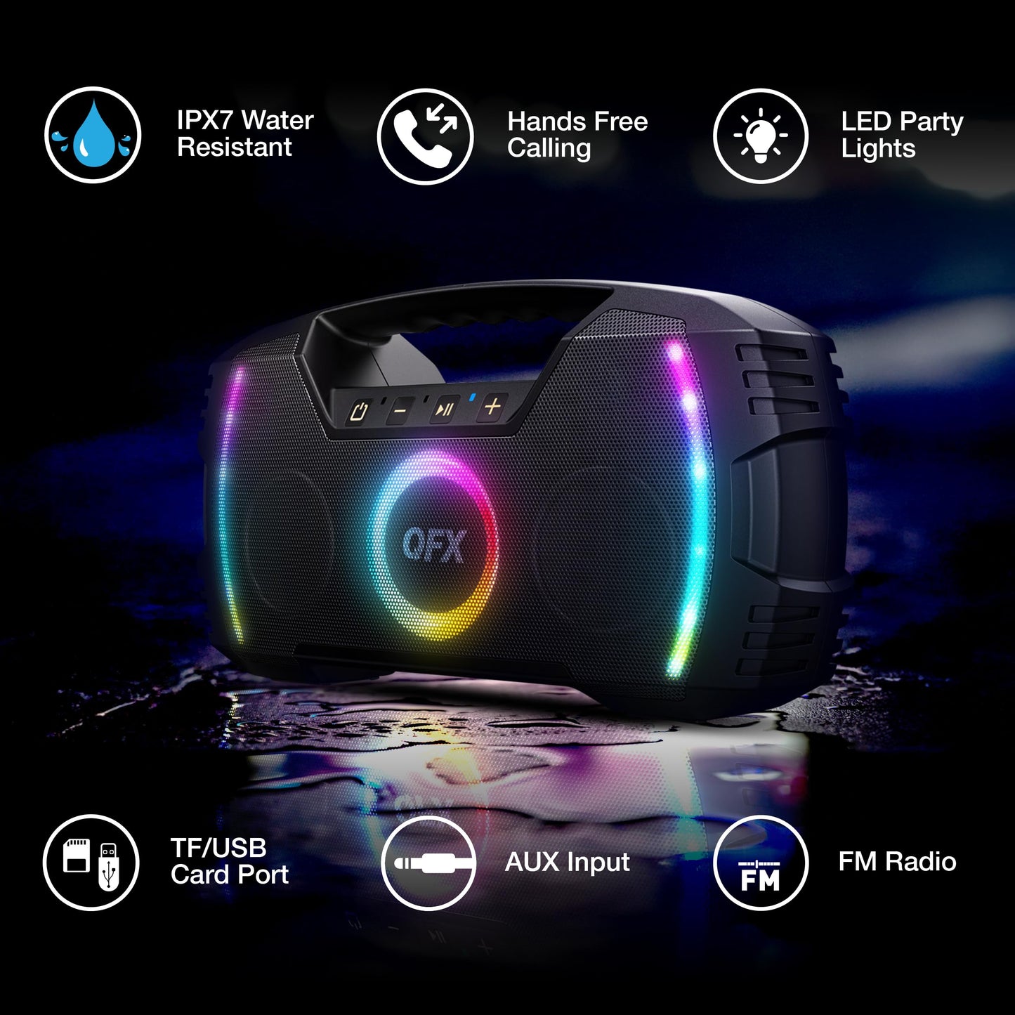 Powerful & Portable Waterproof All Terrain Bluetooth Speaker with Deep Bass, LED Party Lights, Fast USB-C Charging, FM Radio, AUX – QFX BT-ZX35