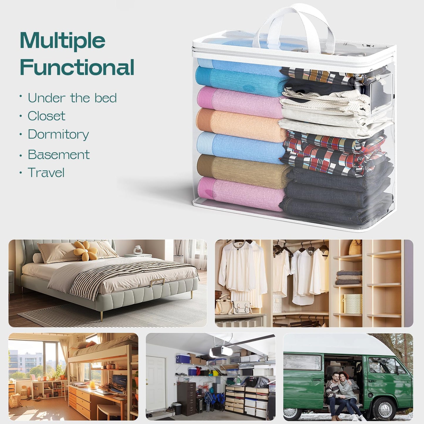 5PACK Clear Zippered Storage Bag for Clothes, 22L Clear Storage Bags, and Blanket Storage Bags for Bedding, Blankets, Comforters, Clothing, Books, DVD & CD (White)