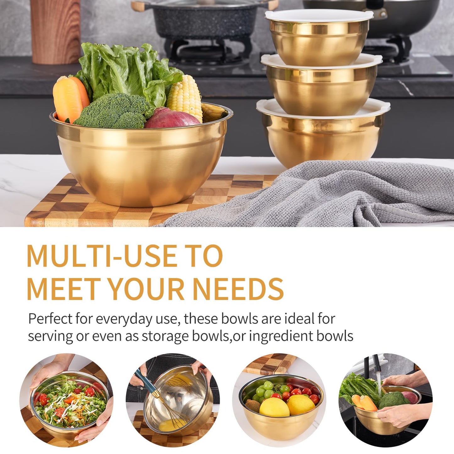 Moxinox Gold Mixing Bowls with Airtight Lids, Stainless Steel Nesting Mixing Bowls Set of 7, Ideal for Baking, Prepping and Serving Food, Size 7, 3.6, 2.7, 2.1, 1.5, 1.1,0.8 QT, Stackable Design