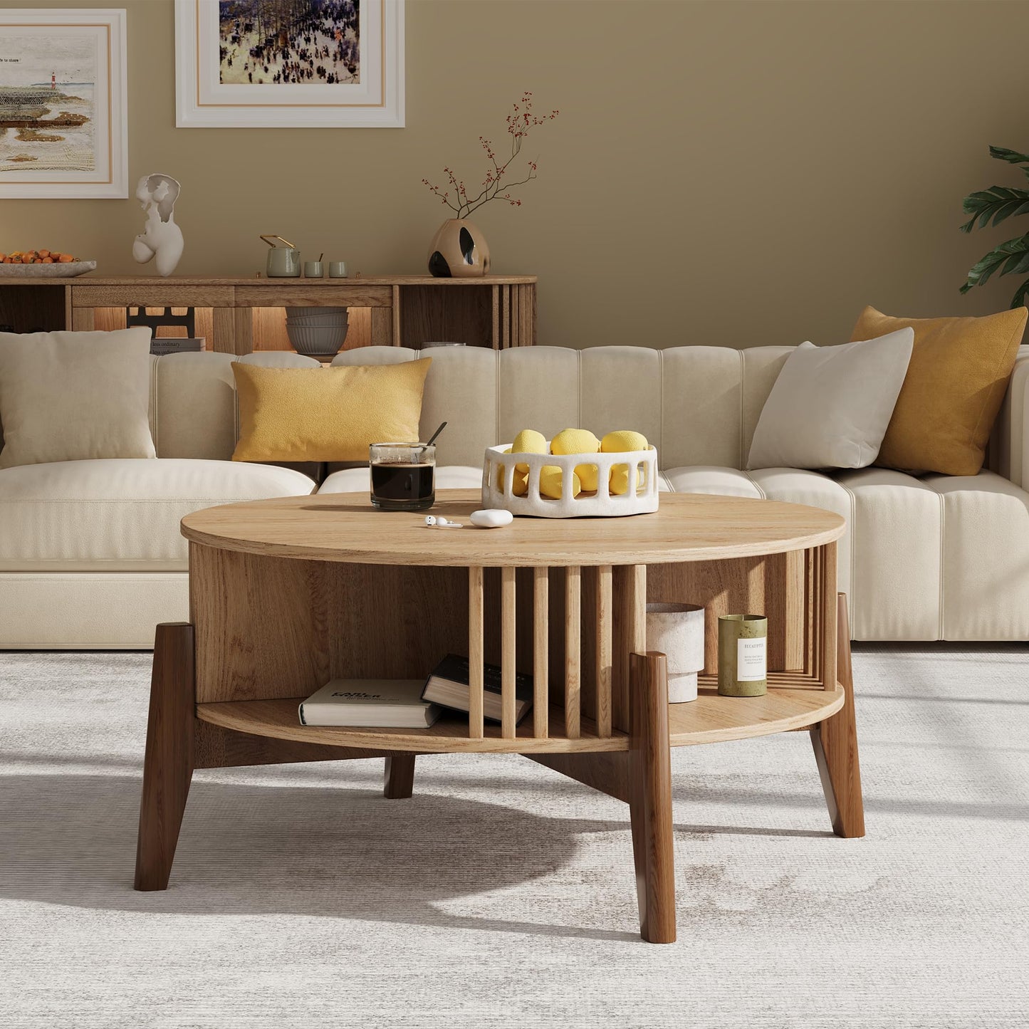 LuxenHome Round Coffee Table with Storage, 31.5" Oak Finish Wood Accent Tables with Wood Legs, Boho Center Table for Living Room, Wooden Circle Coffee Table with Open Storage for Home Office