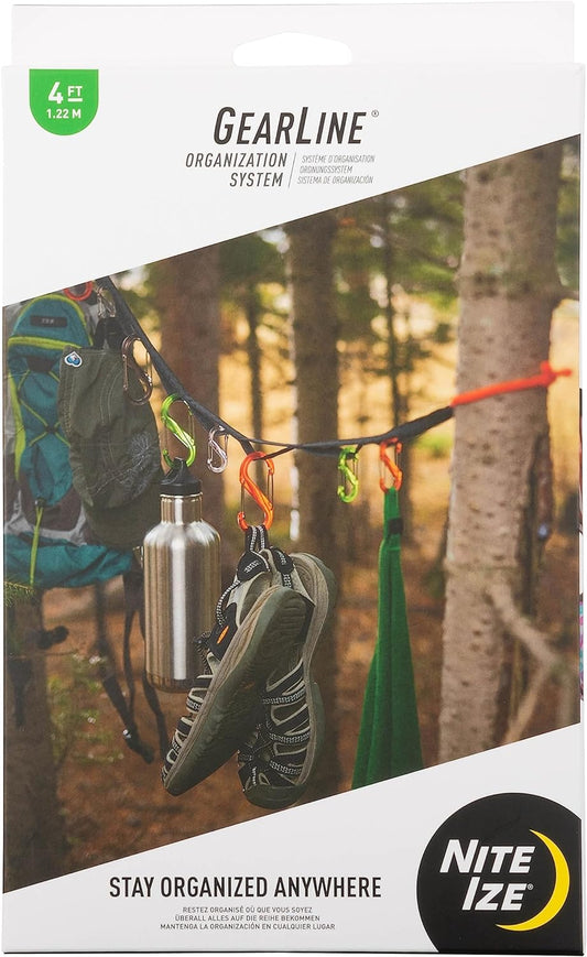 Nite Ize GearLine Hanging Organization System - Gear Ties for Camping, Hiking & Outdoor Activities - Webbing Line with S-Biner Clips & Bendable Gear Ties - Camping Gear Organization - Multicolor