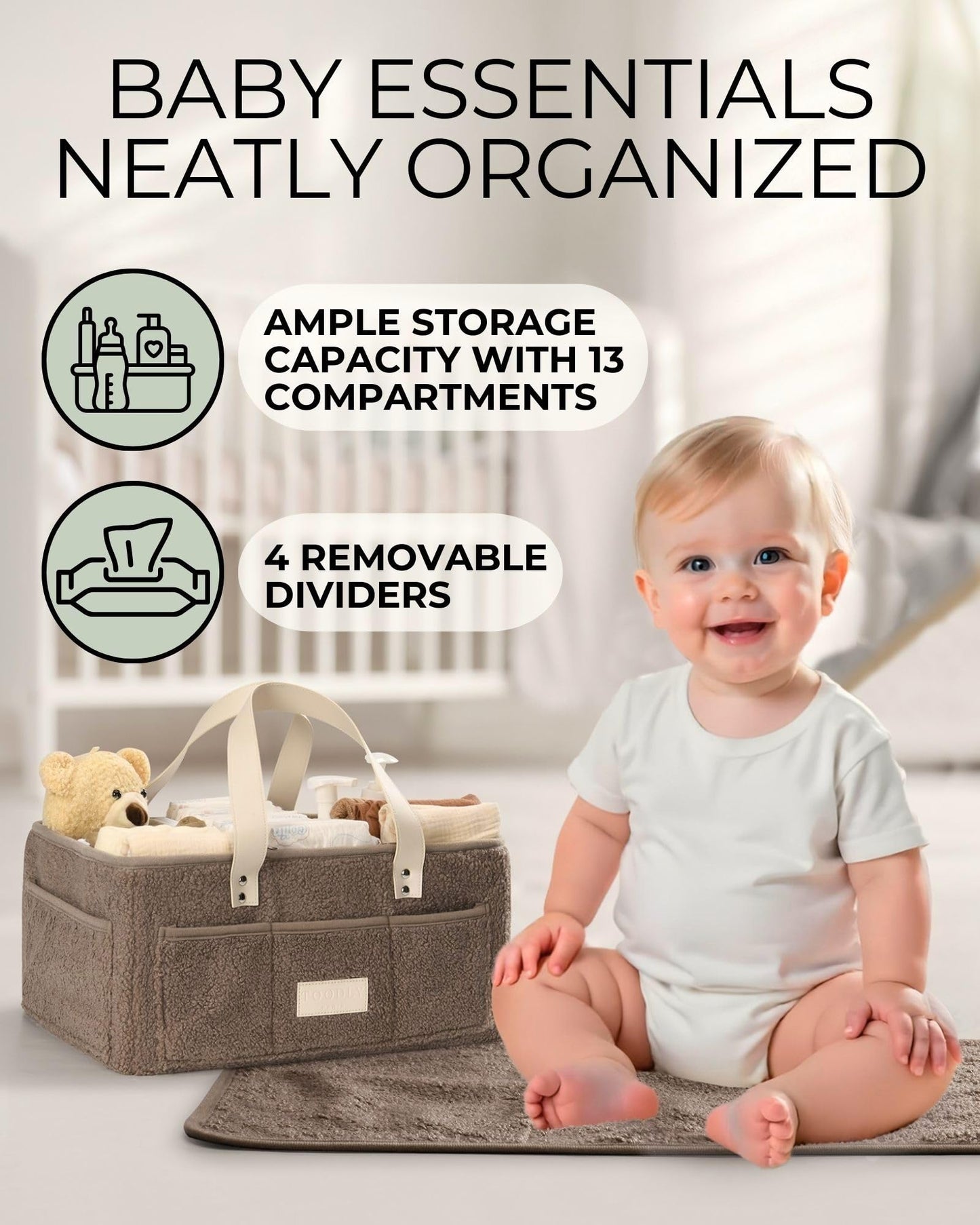 Baby Diaper Caddy Organizer with Portable Changing Mat - Teddy Fleece Nursery Storage Basket for Changing Table & Newborn Essentials – Baby Shower Gifts and Registry Must-Haves