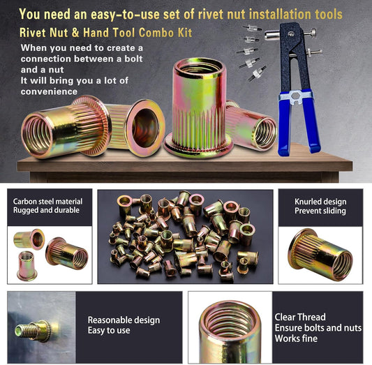 Pressure Rivet Nut Tool Kit, 430Pcs Metric Rivet Nut Combination (M8/M6/M5/M4/M3), Suitable for Furniture, Decoration, Automotive, Marine and Industrial Applications