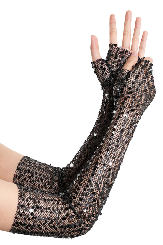 BABEYOND Opera Gloves for Women - Long Fingerless Sequin Sparkling Glitter Gloves Tea Party Stretchy Adult Size Elbow Length