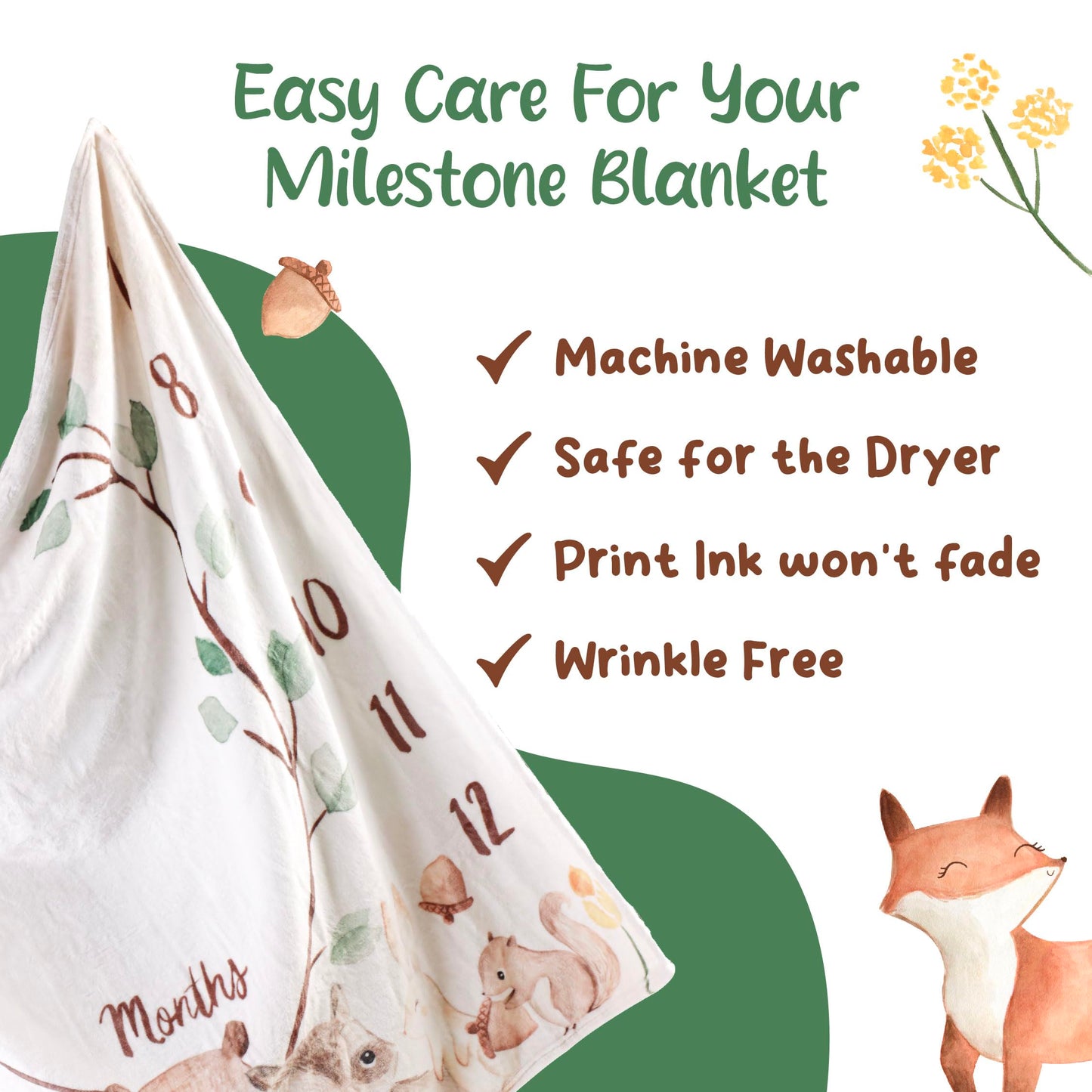 KooKooBaby Monthly Baby Milestone Blanket,47"x47" Premium Fleece Baby Monthly Milestone Blanket with Felt Marker, Baby Boy or Girl Month Age Growth Blanket - Woodland Nursery Animals