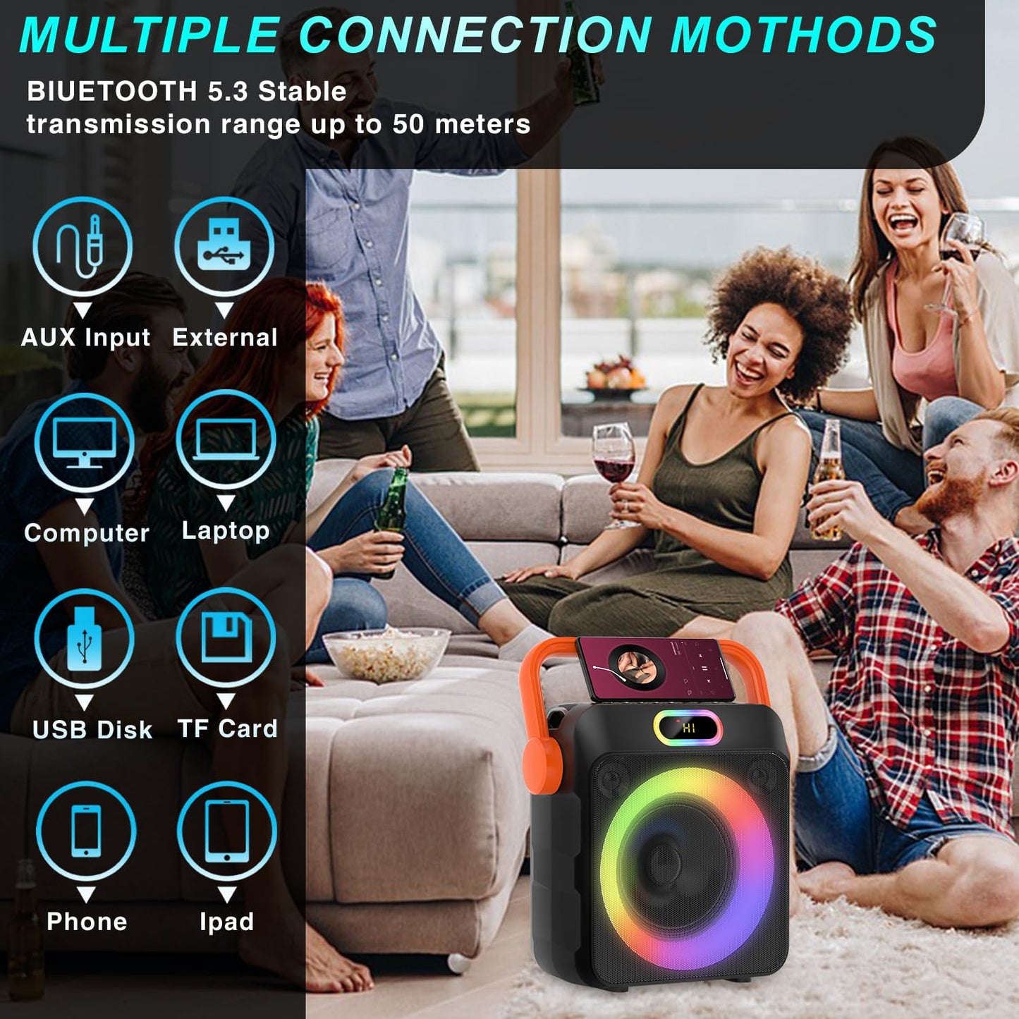 DFTRT Karaoke Machine with Two Wireless Microphones, Portable Karaoke Machine for Adults & Kids, Bluetooth Speaker with Bass/Treble Adjustment, PA System, LED Lights, Supports TF/USB, AUX in, FM, TWS