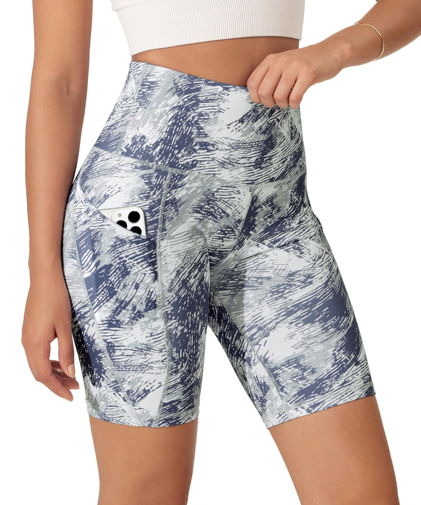 ODODOS 8" Tummy Control Biker Shorts for Women with Pockets High Waist Running Workout Athletic Yoga Shorts, Purple Gray Line, Large