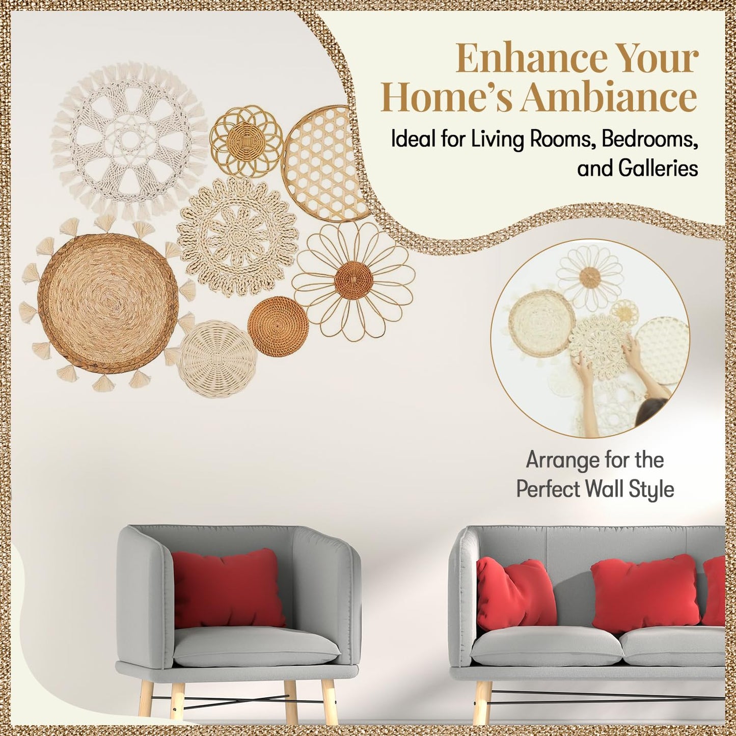 Boho Wall Basket Decor Set of 8 – Handmade Woven Seagrass & Rattan Wall Decor with Macrame Tapestry – Flat Round Boho Wall Art for Living Room, Bedroom, Kitchen, Wedding or Bohemian Wall Display