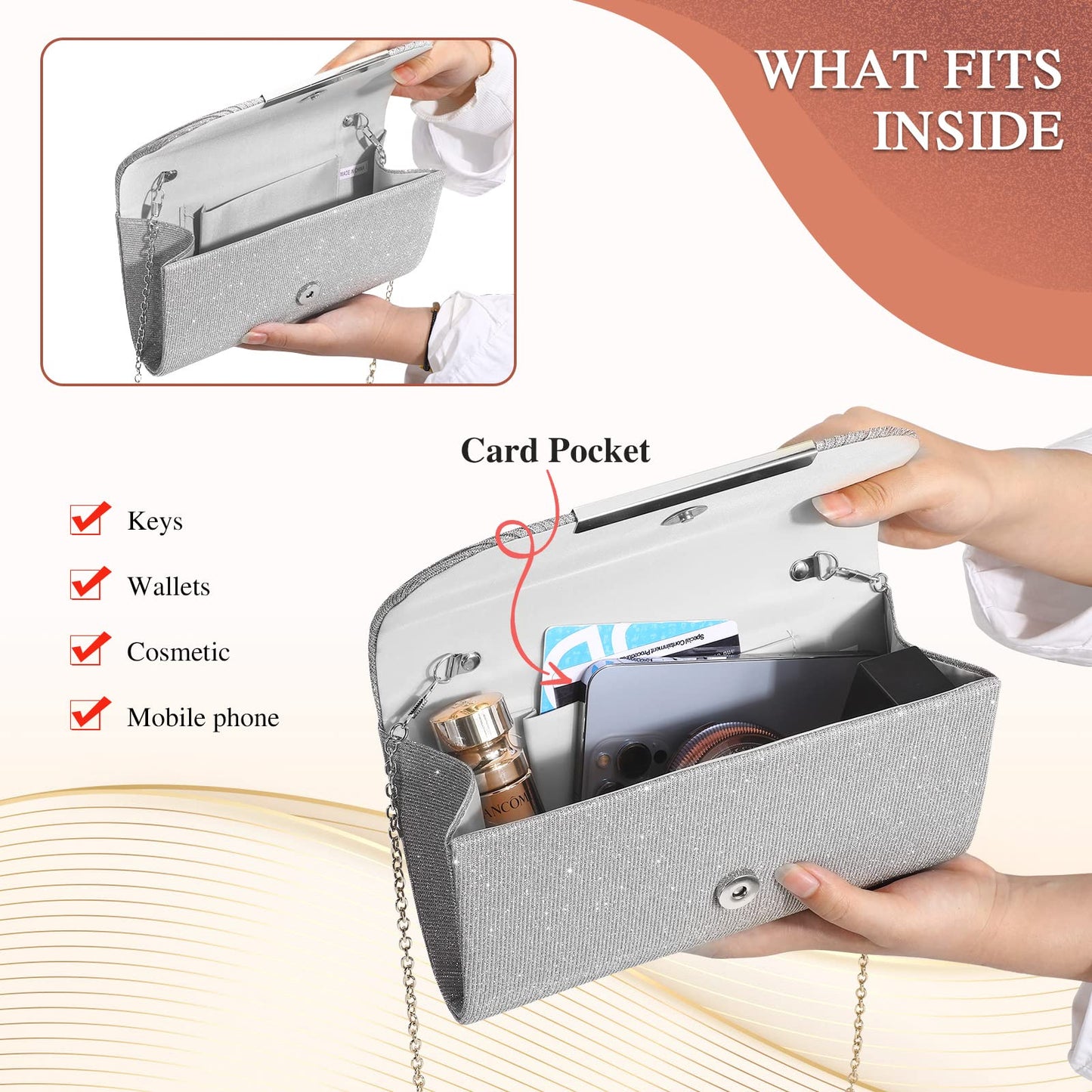 UBAYMAX Evening Bag Clutch Purses for Women Handbags Shoulder Crossbody Wedding Bag for Prom Cocktail Party Wedding (Silver)