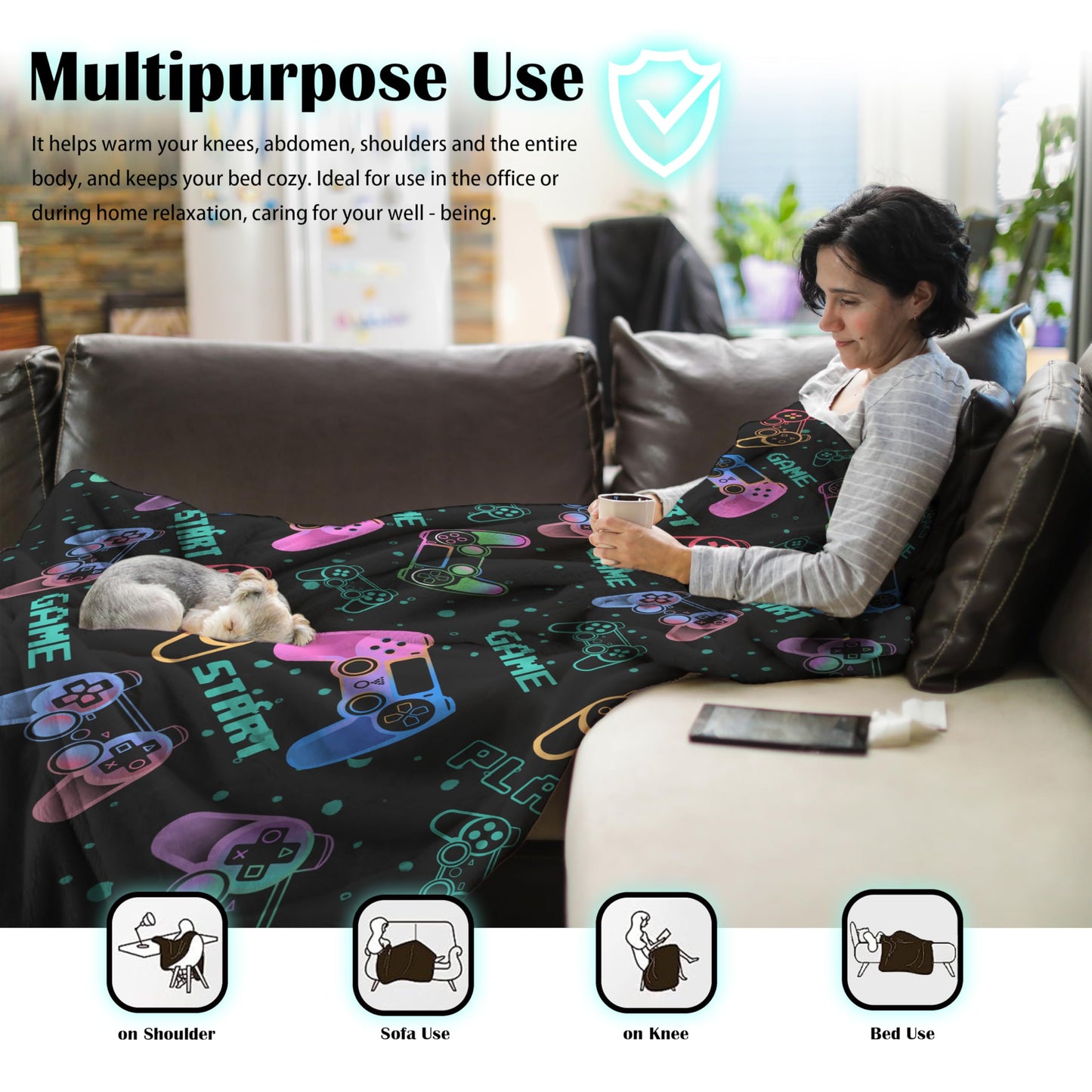 Uyivugmo Gaming Cloud-Like Flannel Blanket for Teens All-Season Throw Blanket for Boys Girls Versatile Geometric Grip Design Easy Care