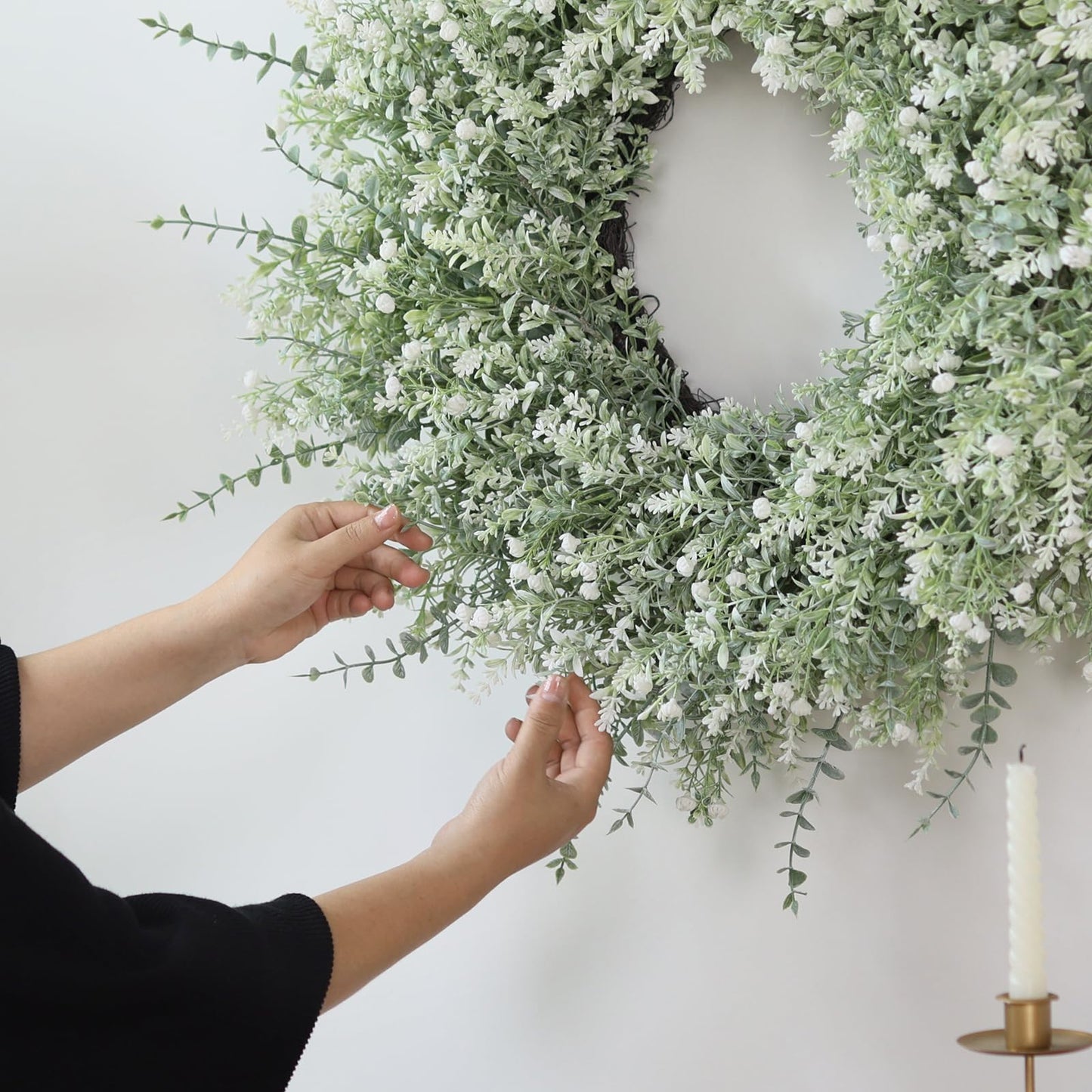 26'' Large Eucalyptus Wreath for Front Door, Porch- Artificial Eucalyptus and Lavender with Babys Breath Flowers Wreath for Home, Farmhouse Wall Decor- Spring, Summer, Fall, All Seasons (White-Green)