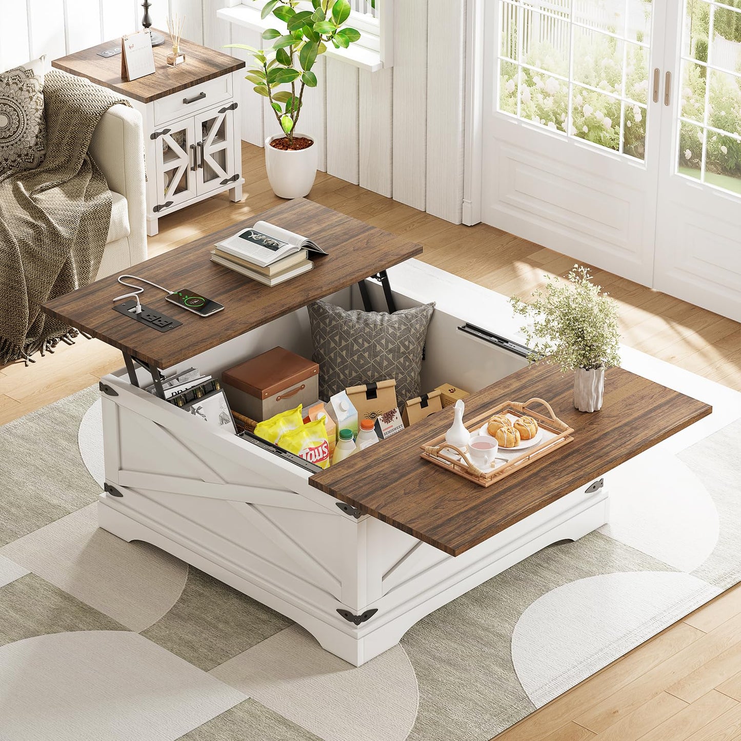 BROTTAR Lift Top Coffee Table with Storage, Square Coffee Table for Living Room with Charging Ports, Farmhouse Dining Table with Large Hidden Storage, White, 31.5"