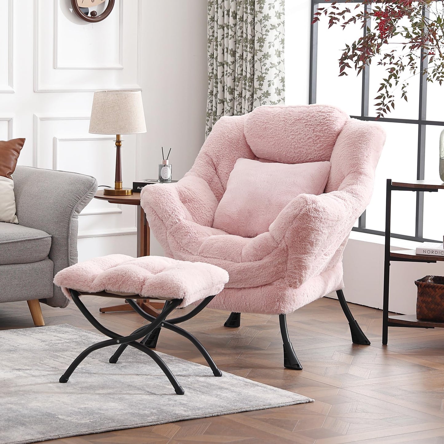 HomEastlly Large Lazy Chair with Ottoman, Accent Reading Chair with a Throw Pillow, Cozy Lounge Chair with Armrest, Leisure Sofa Chair for Living Room, Bedroom, Dorm, Plush Pink