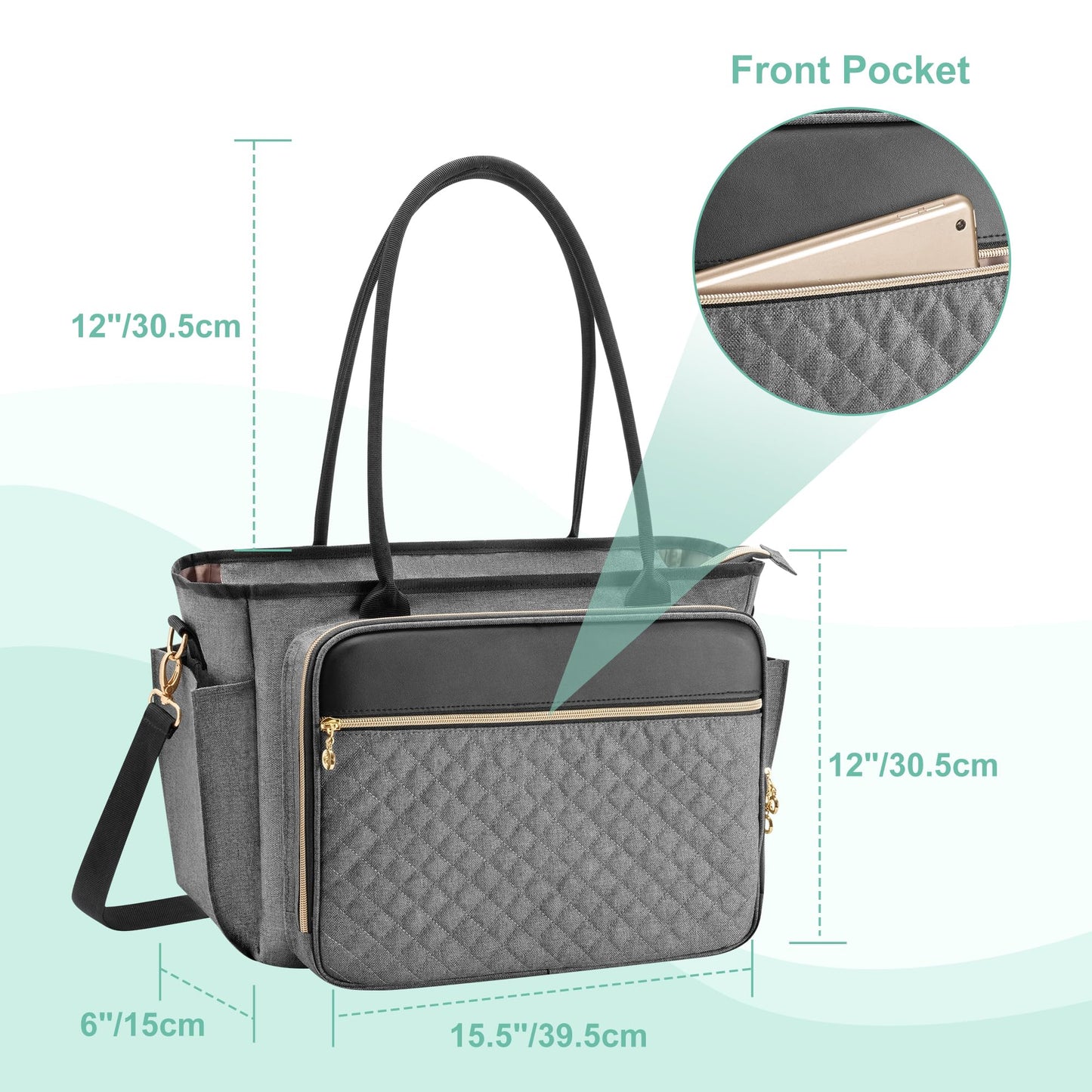 LUXJA Teacher Tote Bag with Accordion File Pocket, Teacher Bag for Women with 15.6 Inch Laptop Compartment, Gray