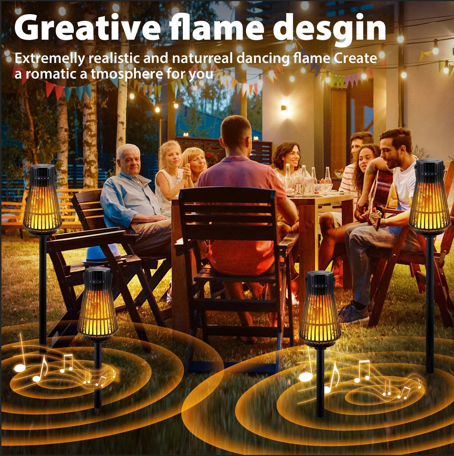 Outdoor Bluetooth Flame Speaker, Tesoorda LED Flickering Flame Effect Speaker with Torch Light, Portable Waterproof Wireless Speaker with Wall Mounted Hook&S Hook&Stake for Camping, Deck, Patio, 2Pack