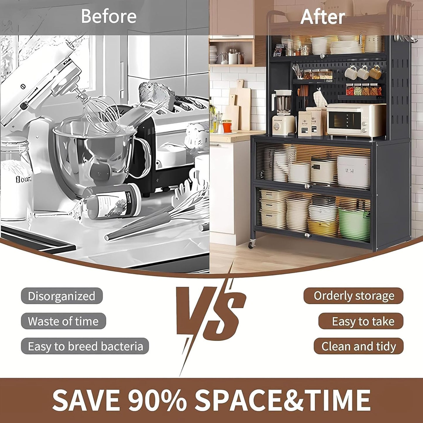 walkclpck Kitchen Cabinet with Acrylic Doors, Bread Rack with Switchable Universal Wheels, 63 Inch Microwave Stand, Farmhouse Coffee Bar Cabinet for Home, Dining Room, Kitchen, Black