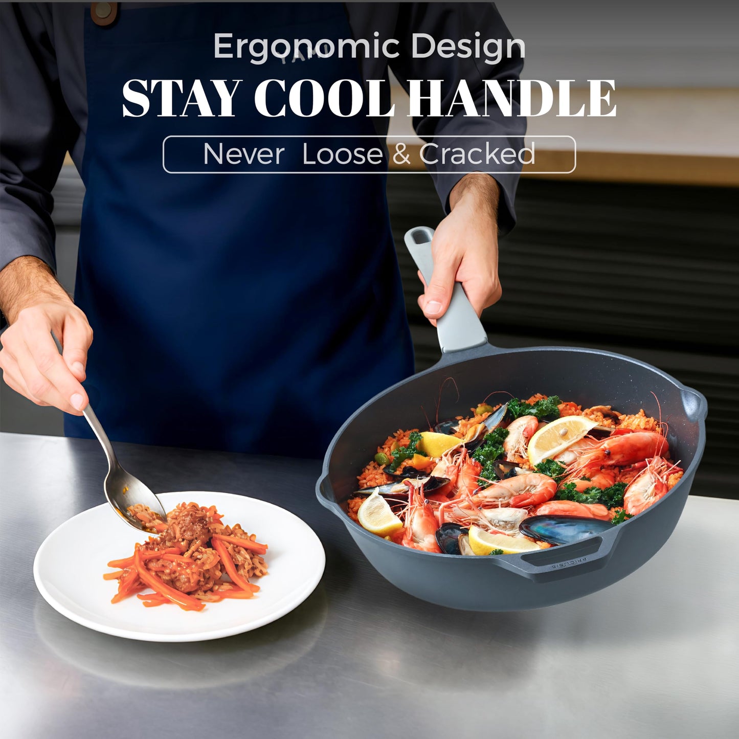 PRICUSIS Ceramic Nonstick Deep Saute Pan with Lid, 10/12 Inch Non Toxic Pans with Double Pour Spout, Helper Handle and Lid, Metal Utennsil Safe, Dishwasher Safe, (10 Inch, Gray)