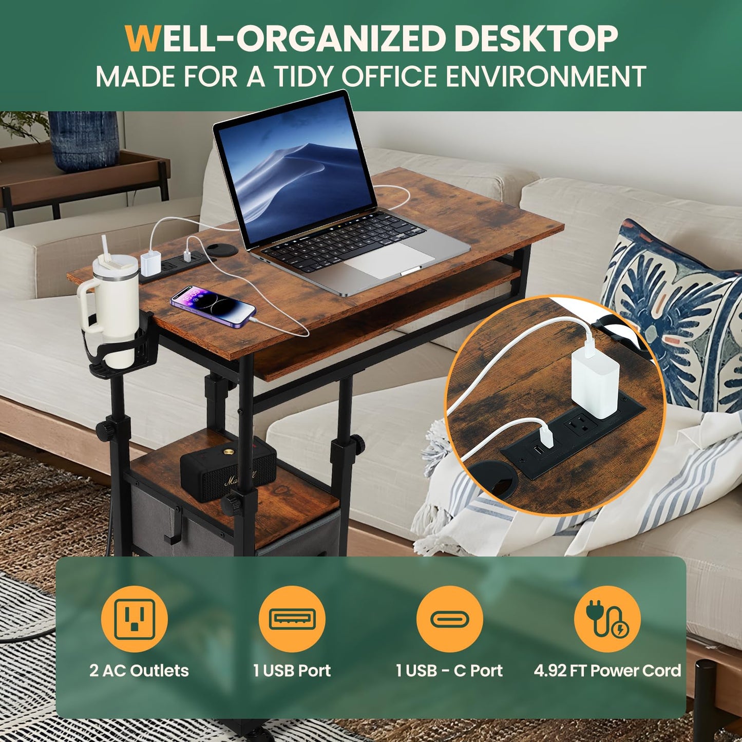 FAHKNS C Desk on Wheels, Height Adjustable Overbed Desk with Charging Station, Couch with Cup Holder, Hook, Drawers, C Shaped End Table for Couch, Over Bed, Living Room