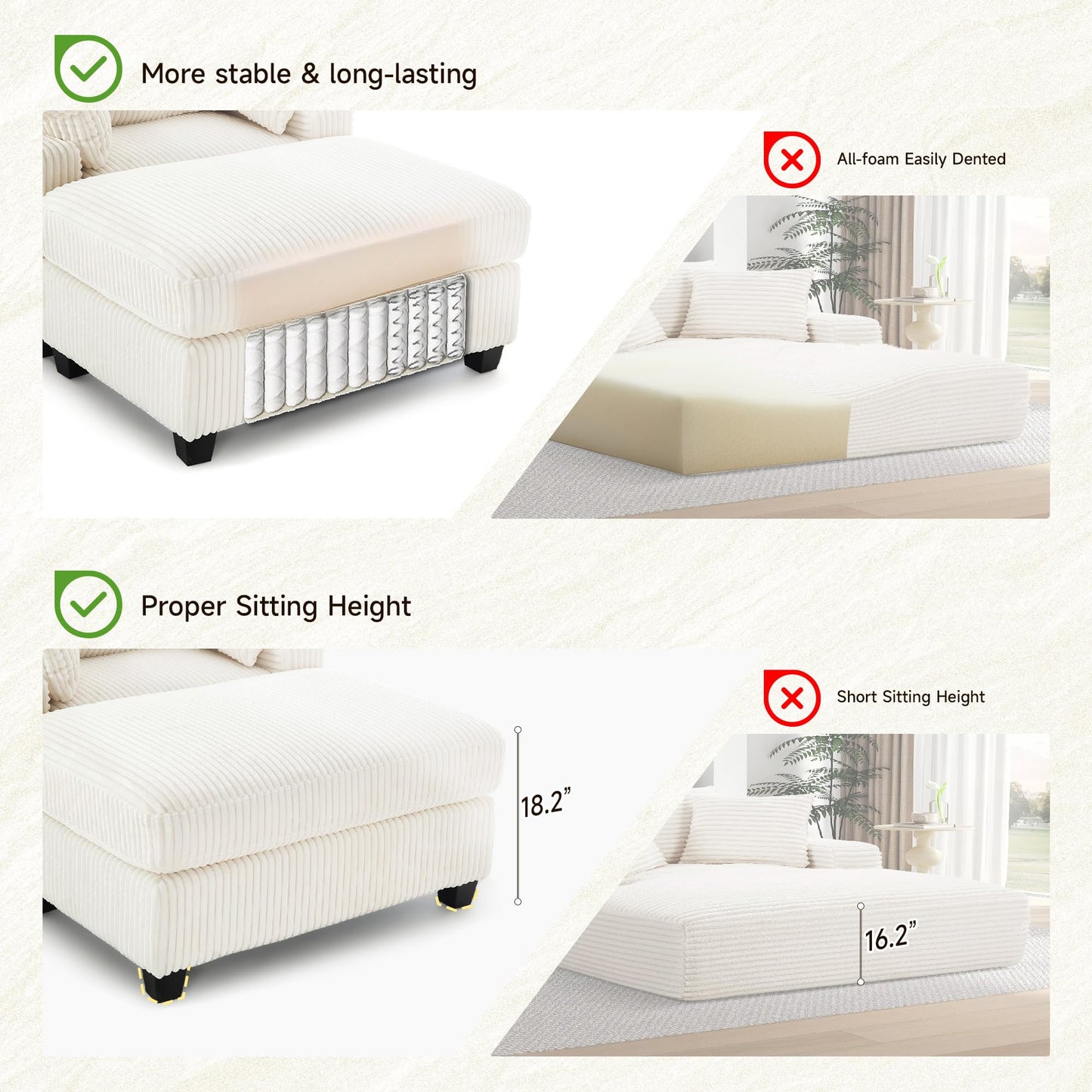 Hanherry 57.6" D Chaise Lounge Chair Indoor with Ottoman, Corduroy Lounge Sleeper Sofa Chair, Comfy Reading Chair with Double-Sided Armrest and Lumbar Support for Bedroom, Living Room, Office(Beige)