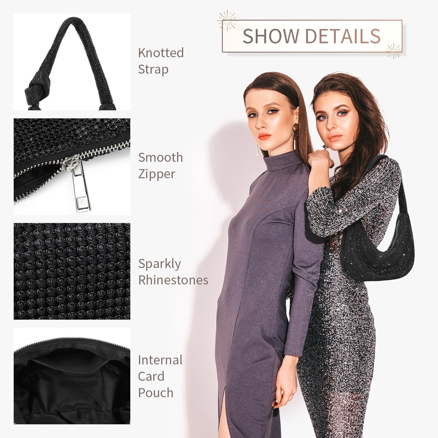 UBORSE Black Rhinestone Purse for Women Formal Evening Bag Clutch Wedding Black Purse Sparkly Prom Cocktail Party Handbag