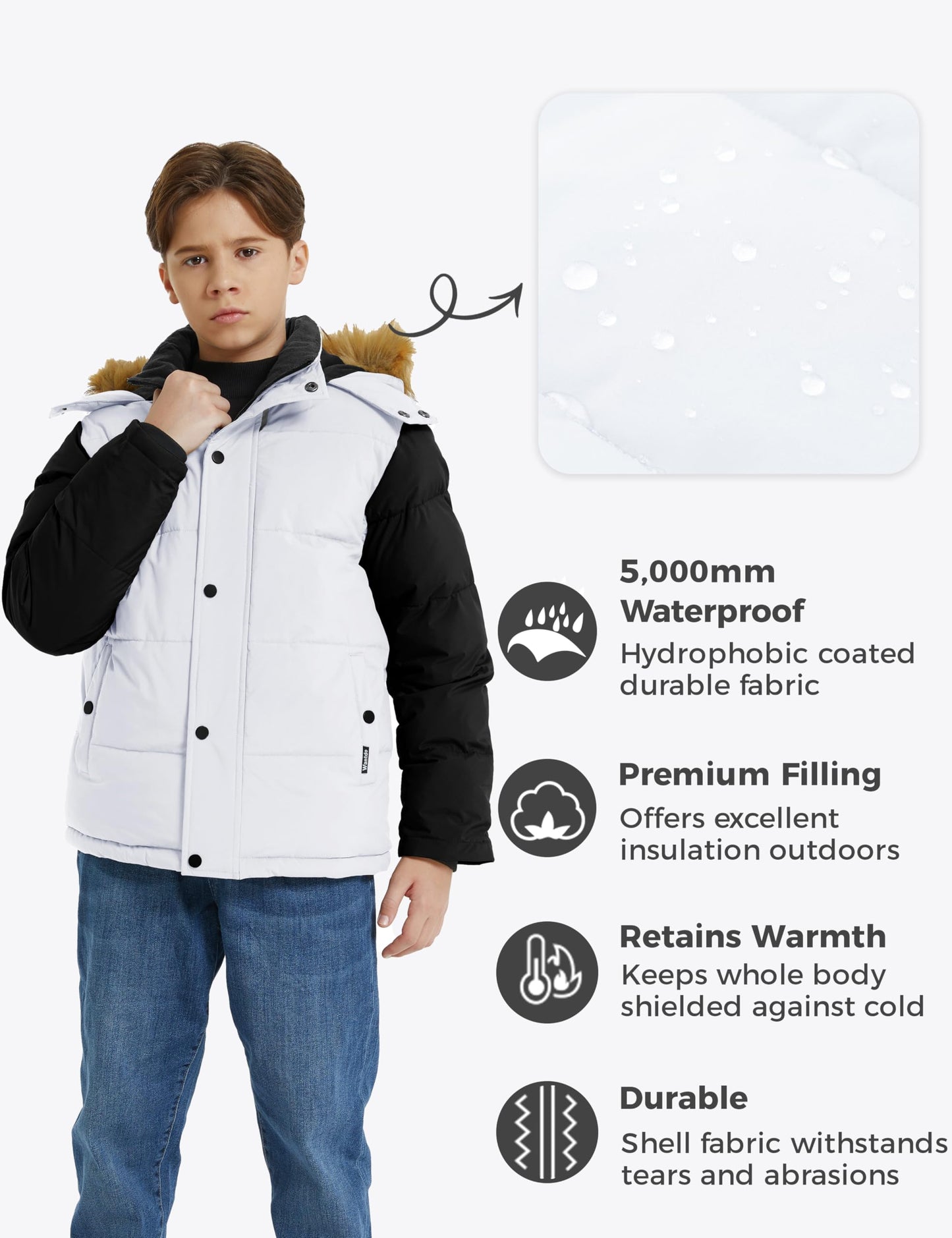 wantdo Boy's Hooded Warm Winter Coat Thick Puffer Jacket Waterproof Outerwear White 6-7