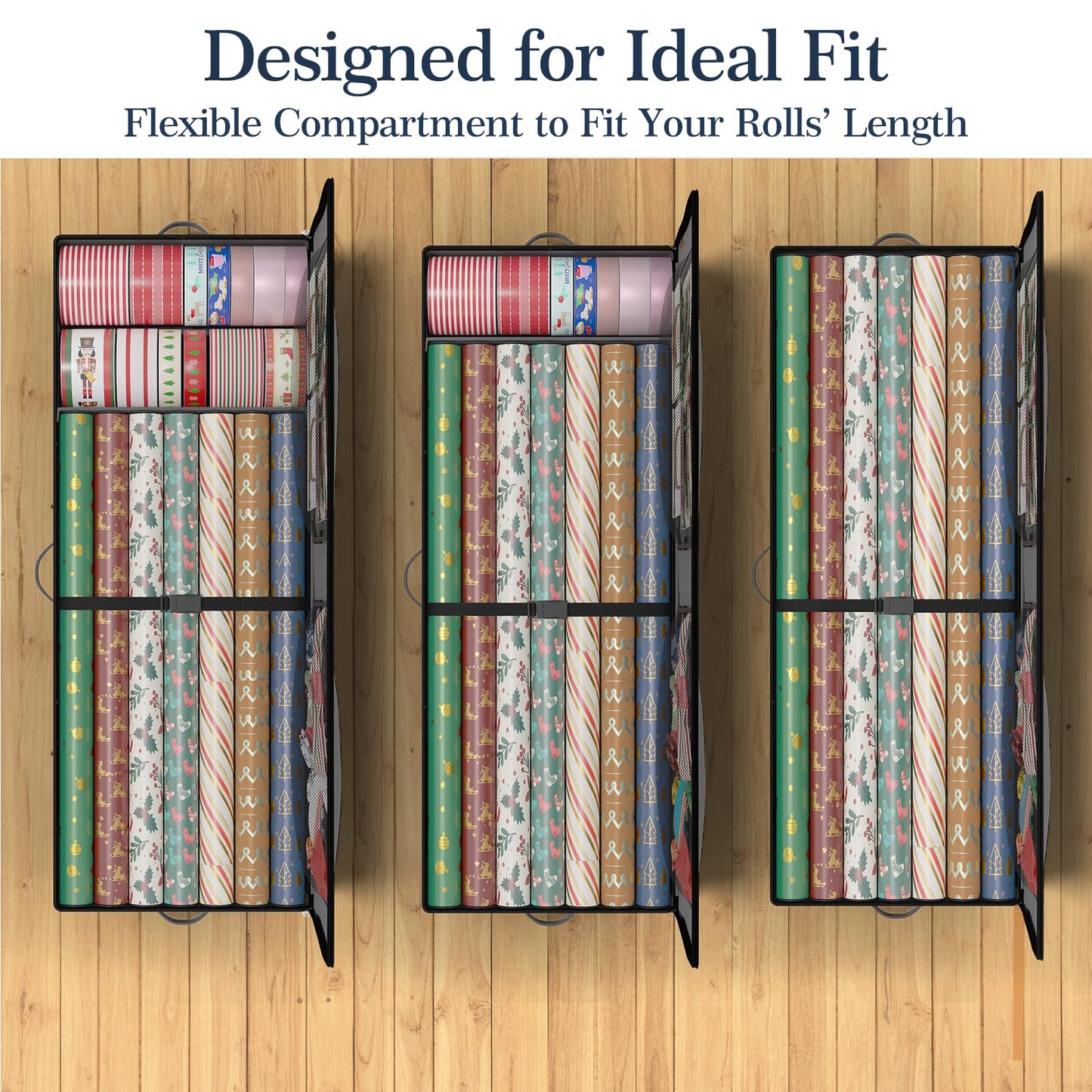 GoMaihe Wrapping Paper Storage with Wheels: Fits 41" Under-bed Gift Wrap Organizer & Container for Christmas Ribbon Accessories | Pockets & Adjustable Dividers | Easy Pull-out | Heavy-duty | Black