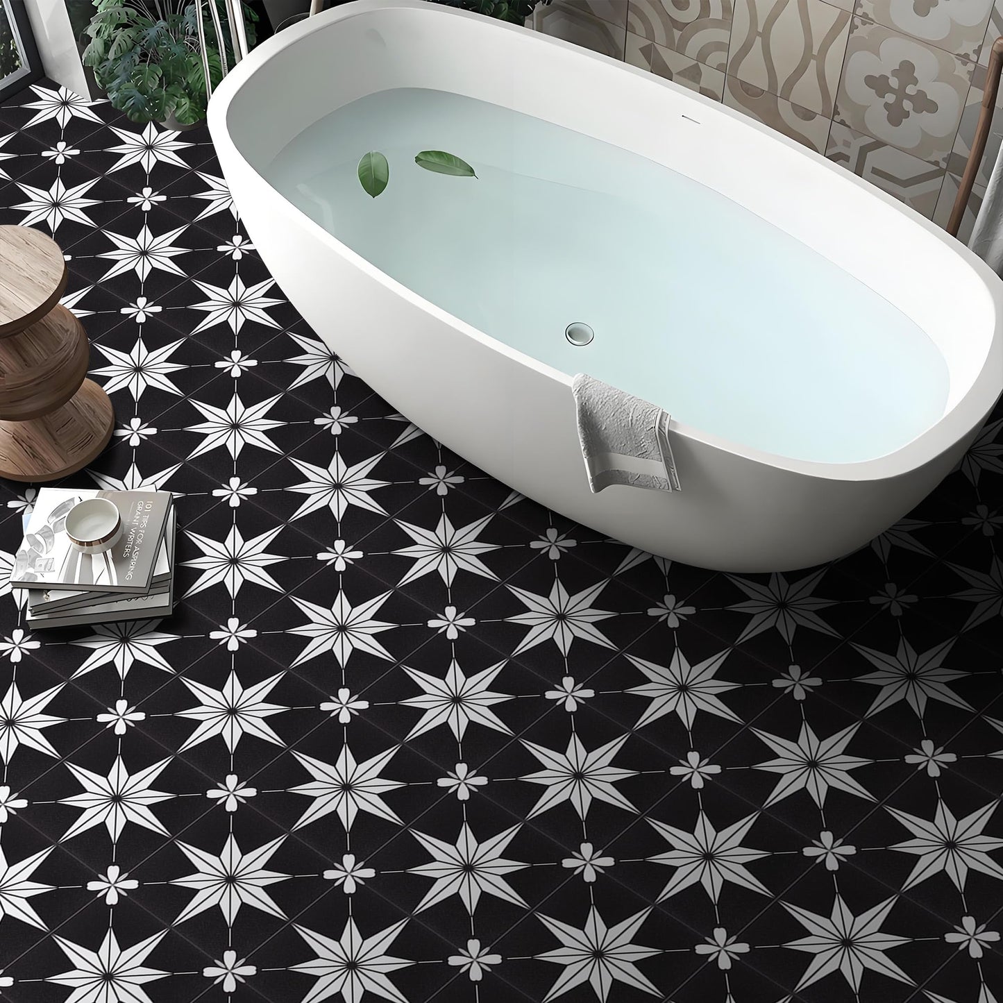 Peel and Stick Floor Tile Self Adhesive Waterproof 8" x 8" Vinyl Flooring, Removable Floor Stickers DIY for Bathrooms,Kitchen,Living Room,Black 10Pcs