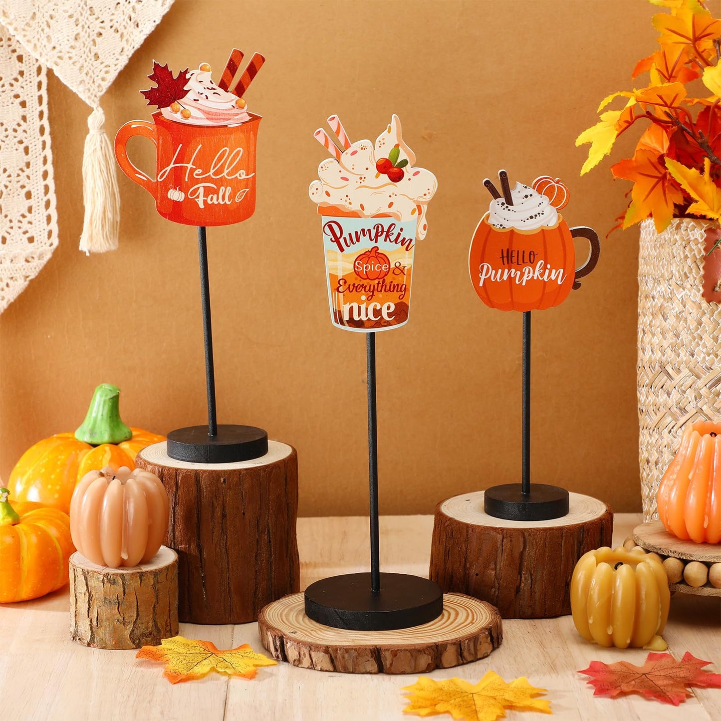 3 Pcs Fall Wood Table Decor Fall Coffee Bar Decor Pumpkin Mug Maple Leaf Wooden Sign Thanksgiving Table Centerpieces for Autumn Thanksgiving Decorations Indoor Outdoor