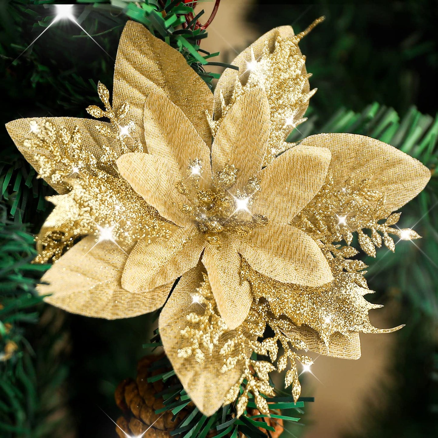 Kisflower 24PCS Poinsettia Artificial Flowers Gold Christmas Flower Decorations with Clips and Stems, Glitter Christmas Tree Ornaments for Xmas New Year Wedding Party (Gold)