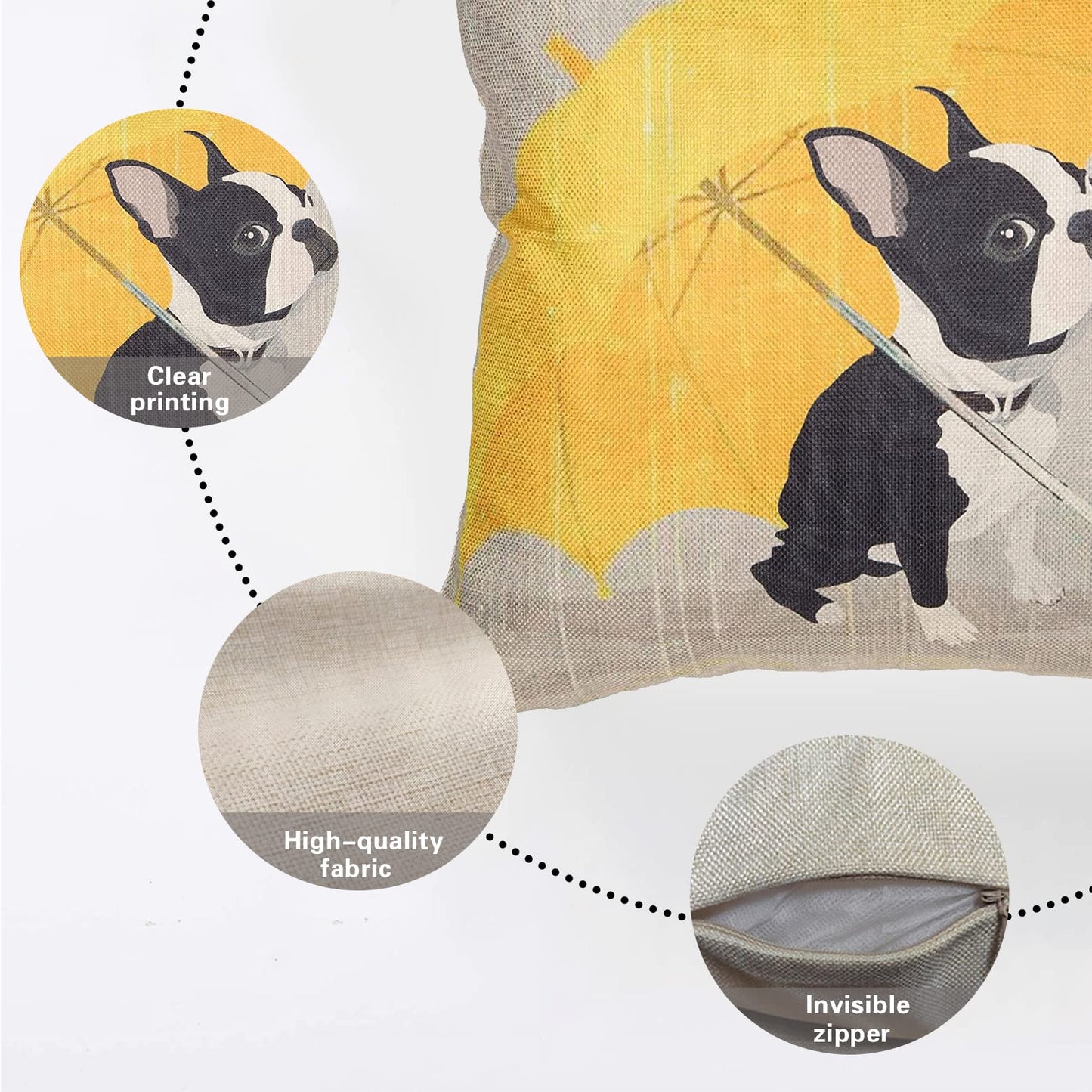 Fjfz Boston Terrier with Yellow Umbrella Dog Lover Decor Gift Cute Funny Decoration Cotton Linen Home Decorative Throw Pillow Case Cushion Cover for Sofa Couch, 18" x 18"